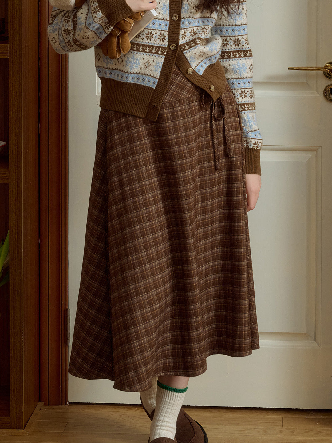 Adalee Vintage Brown Plaid Bow A-Line Skirt