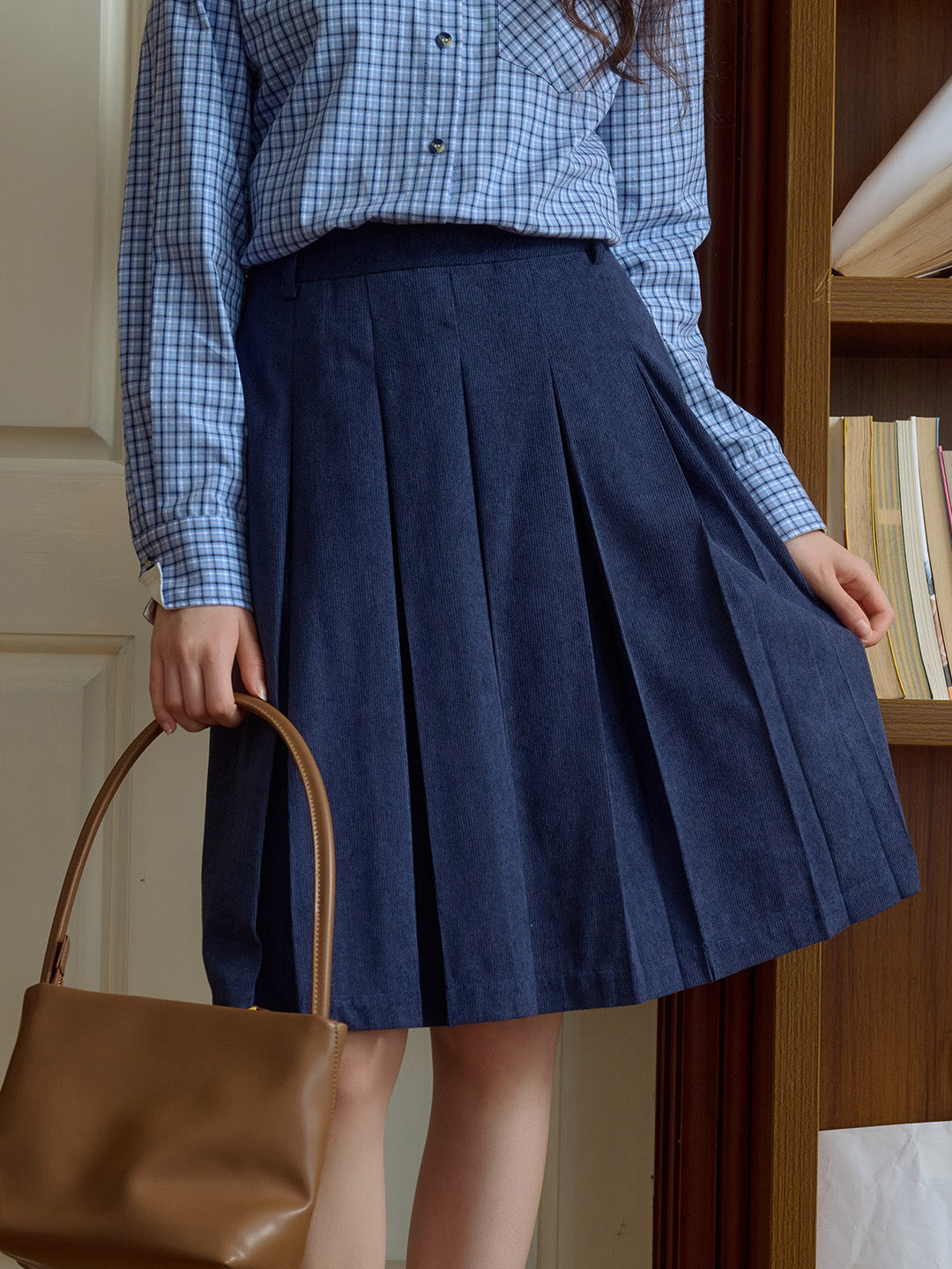 Angie Vintage Corduroy Pleated A-Line Skirt - Dark Blue