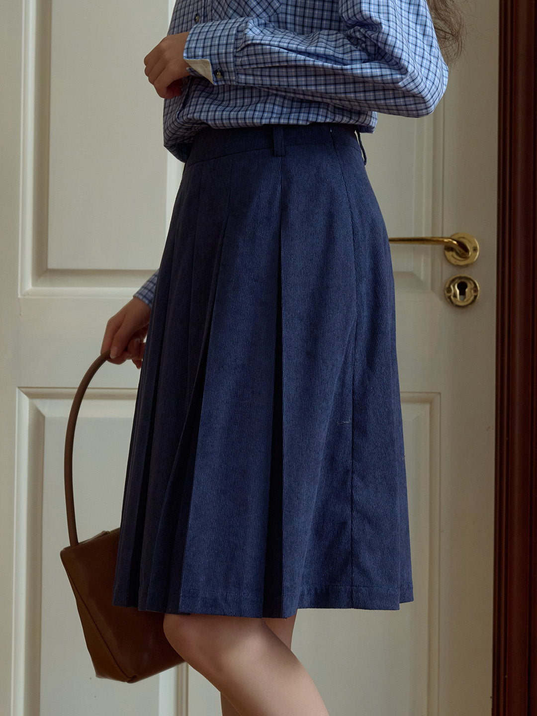 Angie Vintage Corduroy Pleated A-Line Skirt - Dark Blue