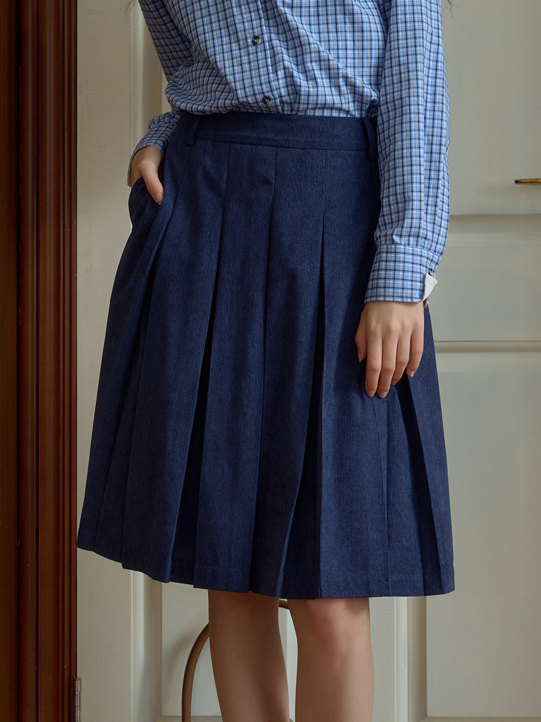 Angie Vintage Corduroy Pleated A-Line Skirt - Dark Blue