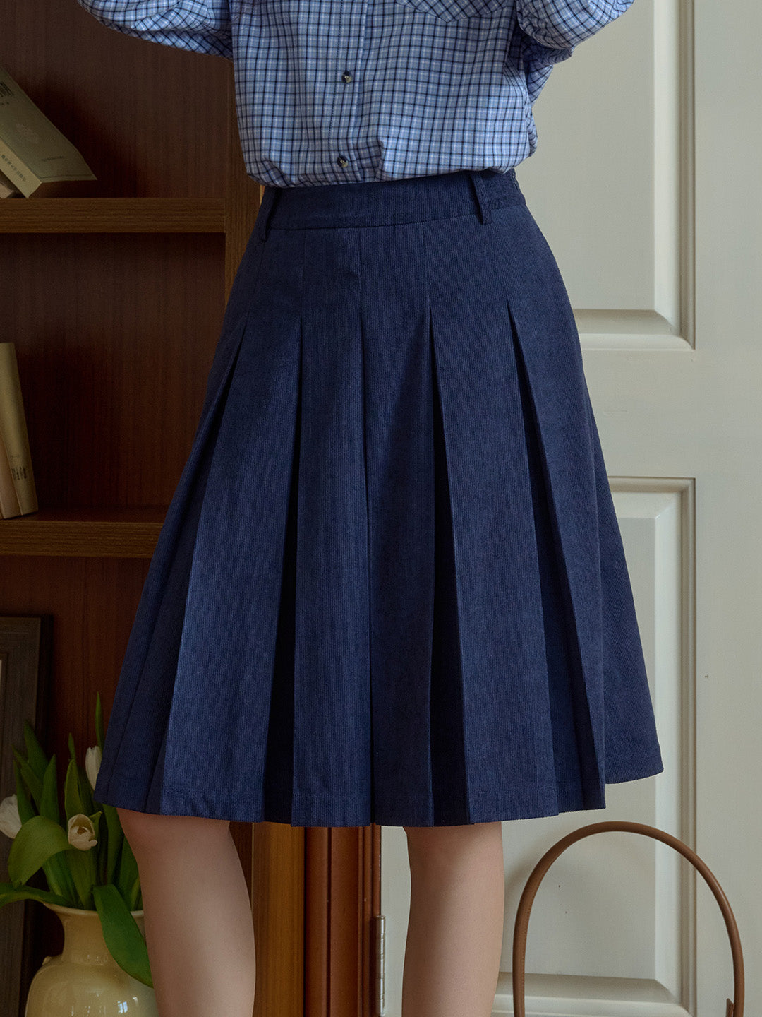 Angie Vintage Corduroy Pleated A-Line Skirt - Dark Blue