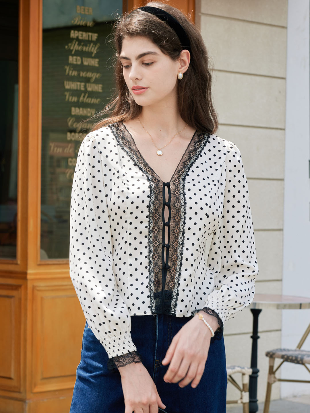 【Final Sale】Maisy Polka Dot V Neck Lace Panelled Lantern Sleeve Blouse