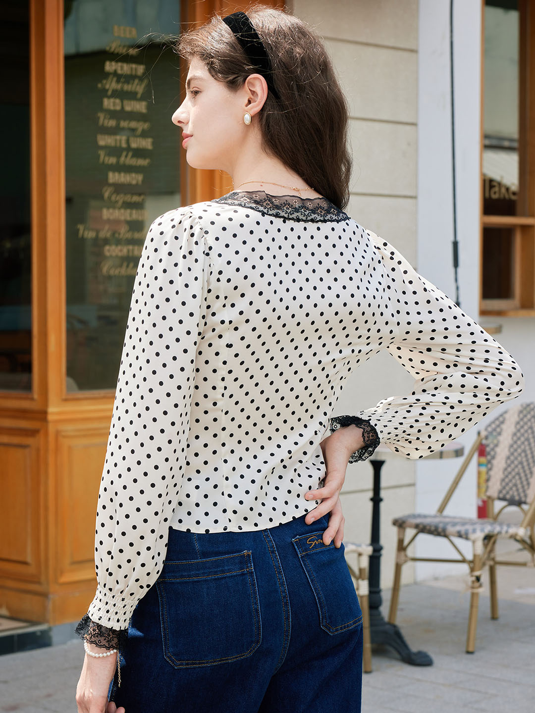 【Final Sale】Maisy Polka Dot V Neck Lace Panelled Lantern Sleeve Blouse