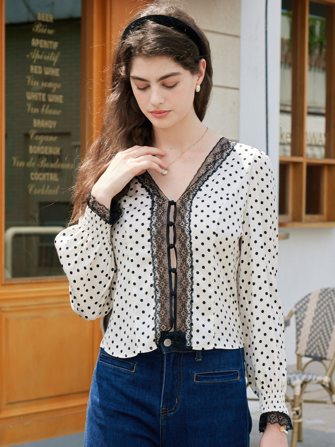 【Final Sale】Maisy Polka Dot V Neck Lace Panelled Lantern Sleeve Blouse