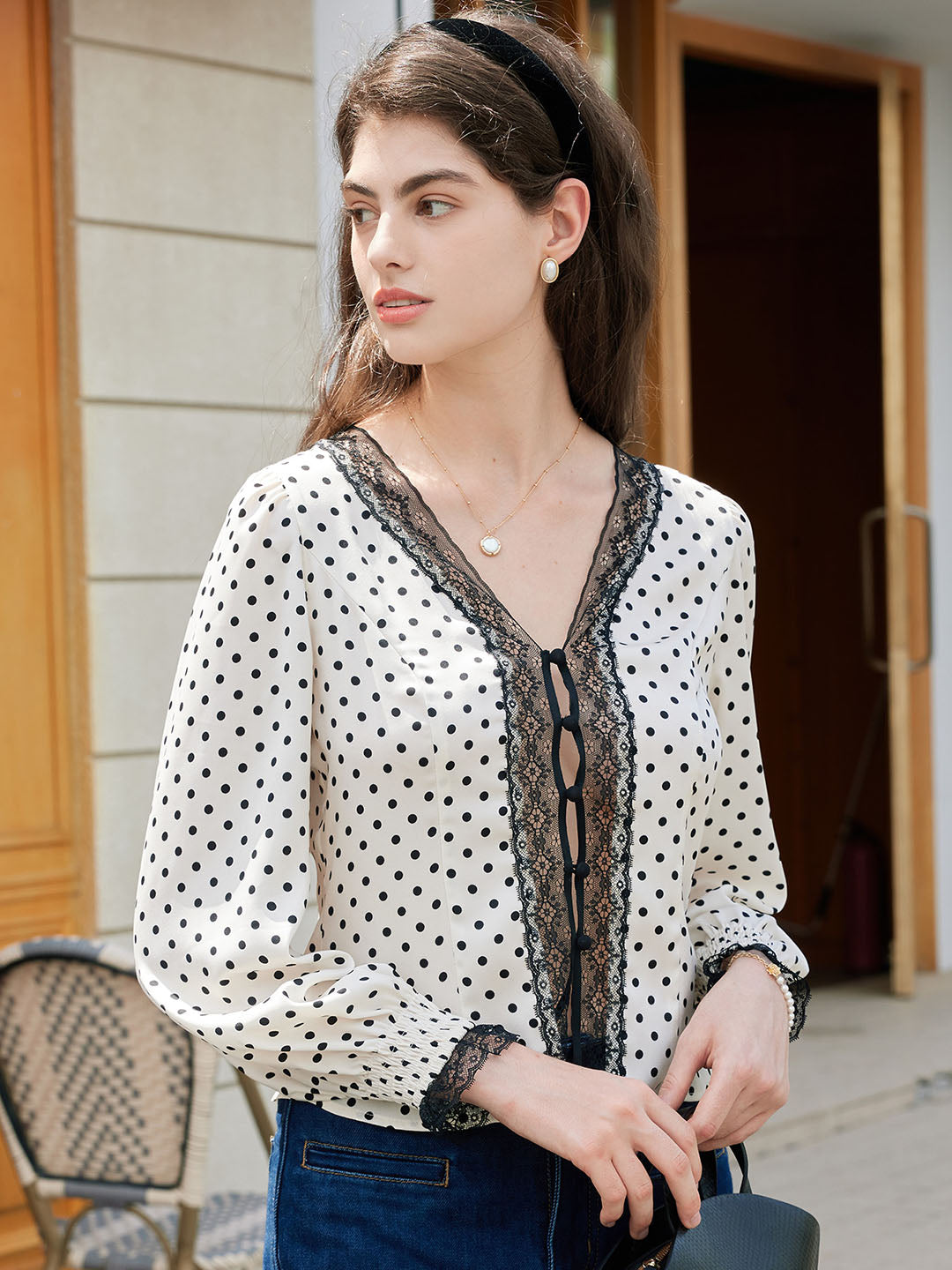 【Final Sale】Maisy Polka Dot V Neck Lace Panelled Lantern Sleeve Blouse