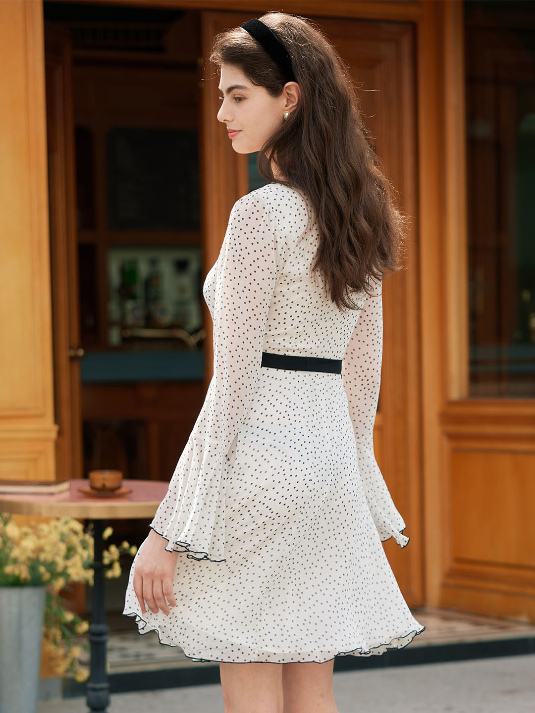 【Flash Sale】Rylan Polka Dot Contrasting Color Round Neck Bell Sleeve Dress