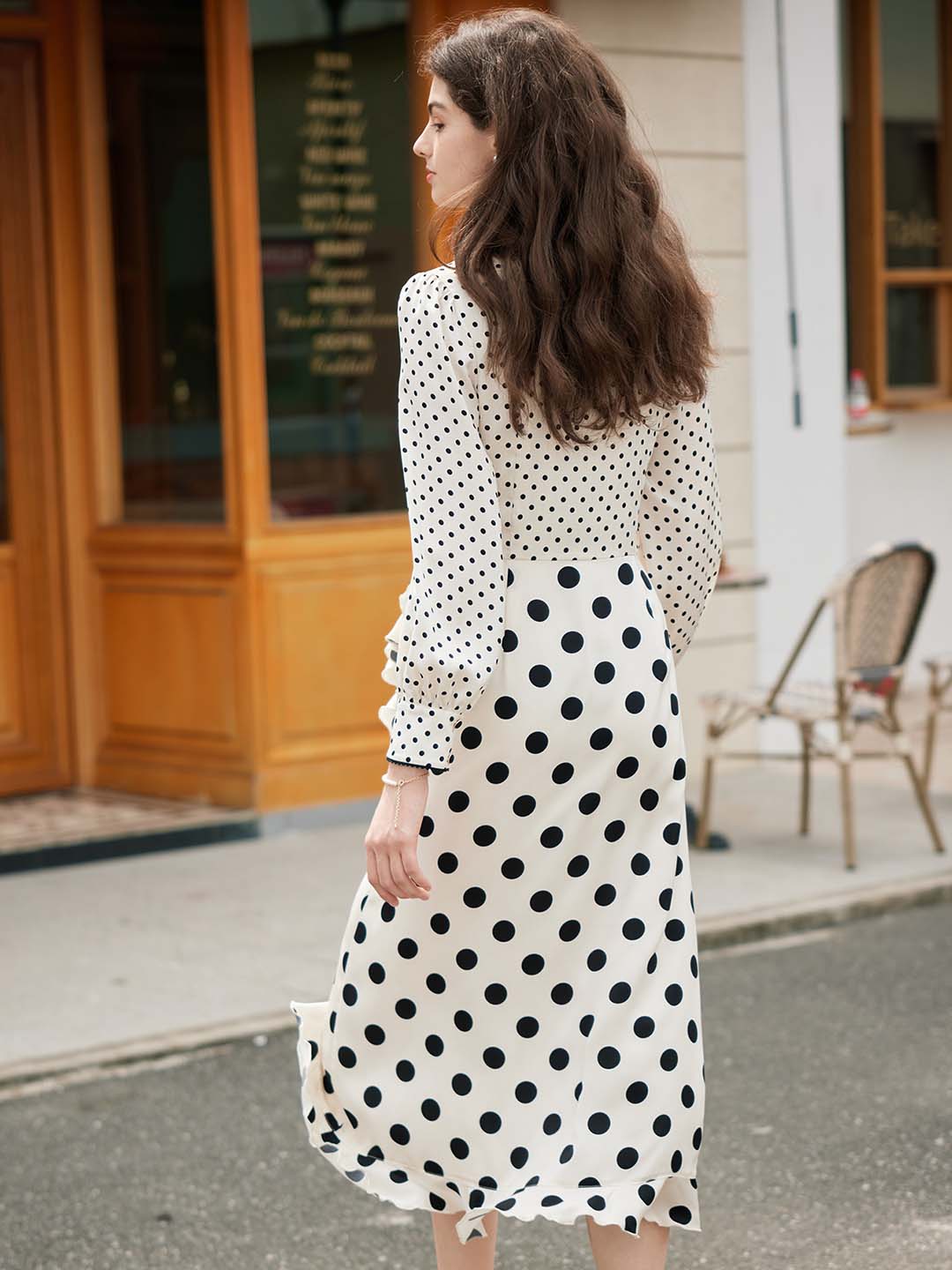 【Final Sale】Joyce Romantic V Neck Polka Dot Stitching Lantern Sleeve Dress