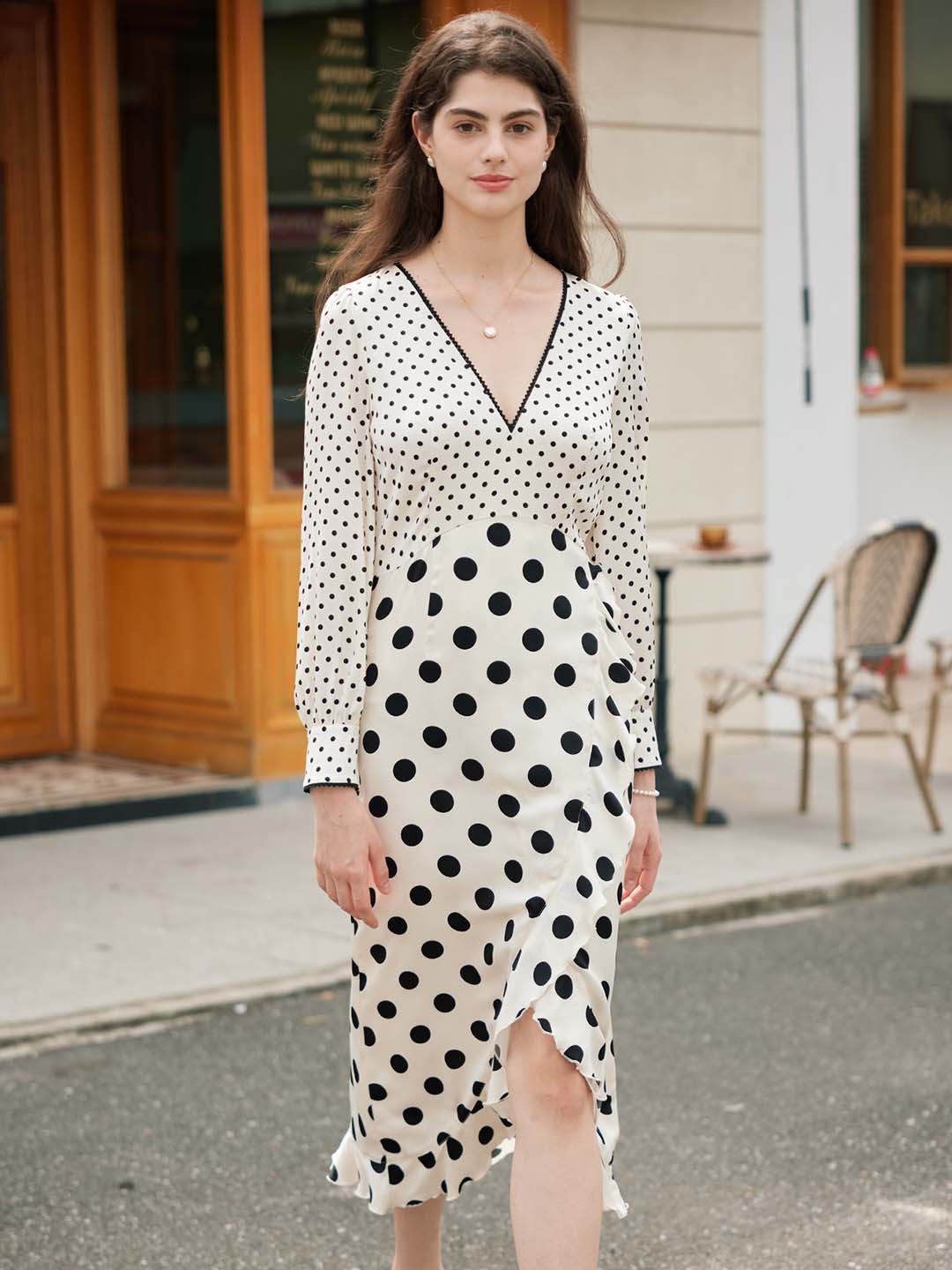 【Final Sale】Joyce Romantic V Neck Polka Dot Stitching Lantern Sleeve Dress