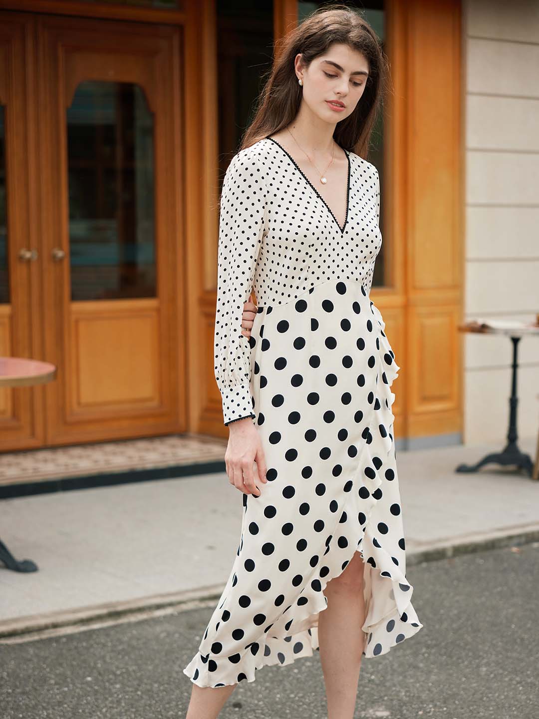 【Final Sale】Joyce Romantic V Neck Polka Dot Stitching Lantern Sleeve Dress