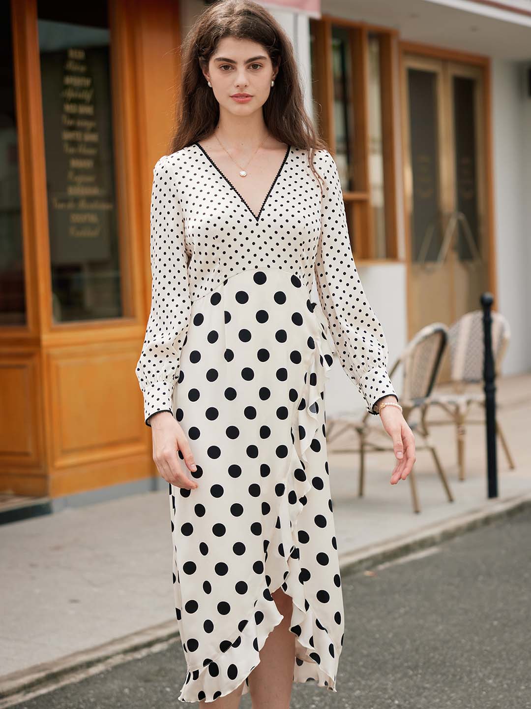 【Final Sale】Joyce Romantic V Neck Polka Dot Stitching Lantern Sleeve Dress