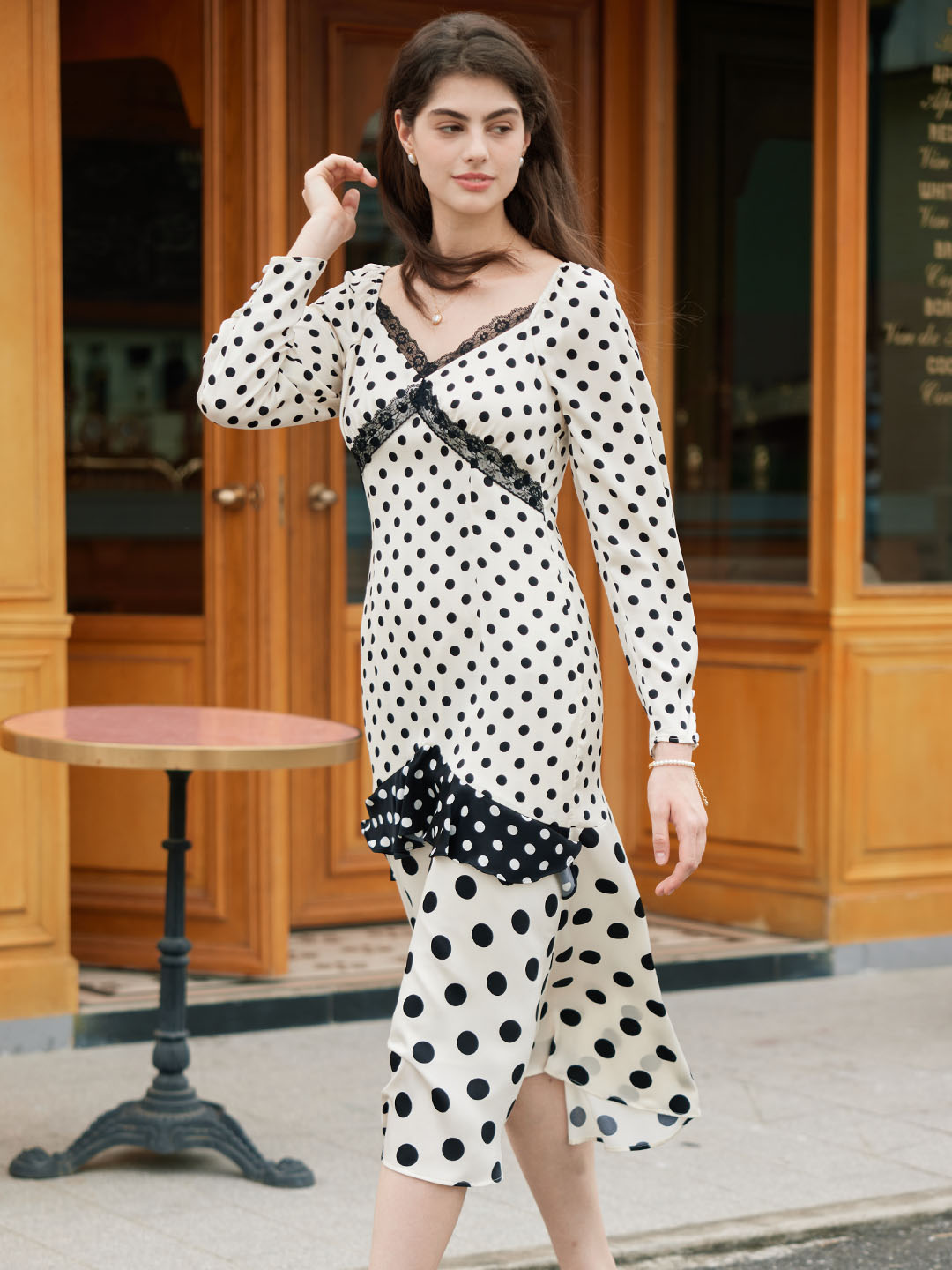 【Final Sale】Ainhoa Elegant V Neck Lace Stitching Polka Dot Color Contrast Dress