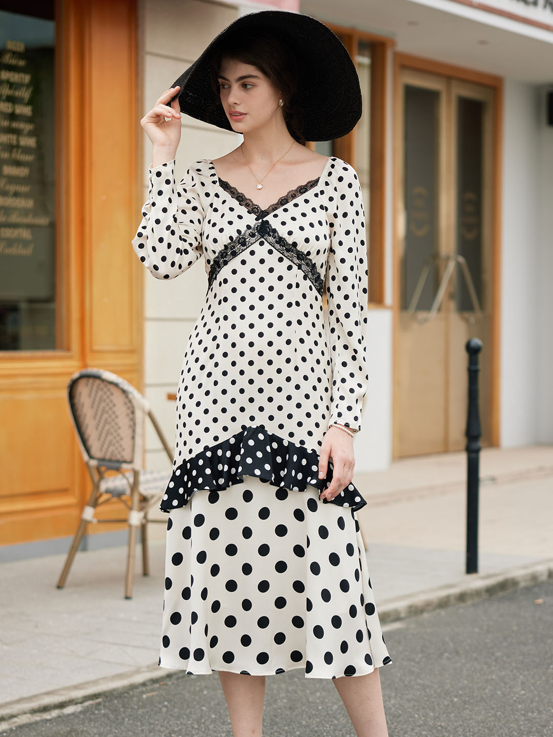 【Final Sale】Ainhoa Elegant V Neck Lace Stitching Polka Dot Color Contrast Dress