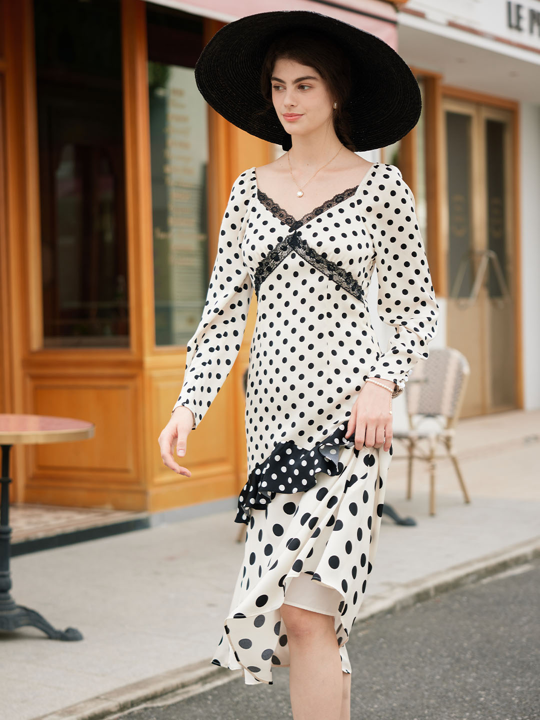 【Final Sale】Ainhoa Elegant V Neck Lace Stitching Polka Dot Color Contrast Dress