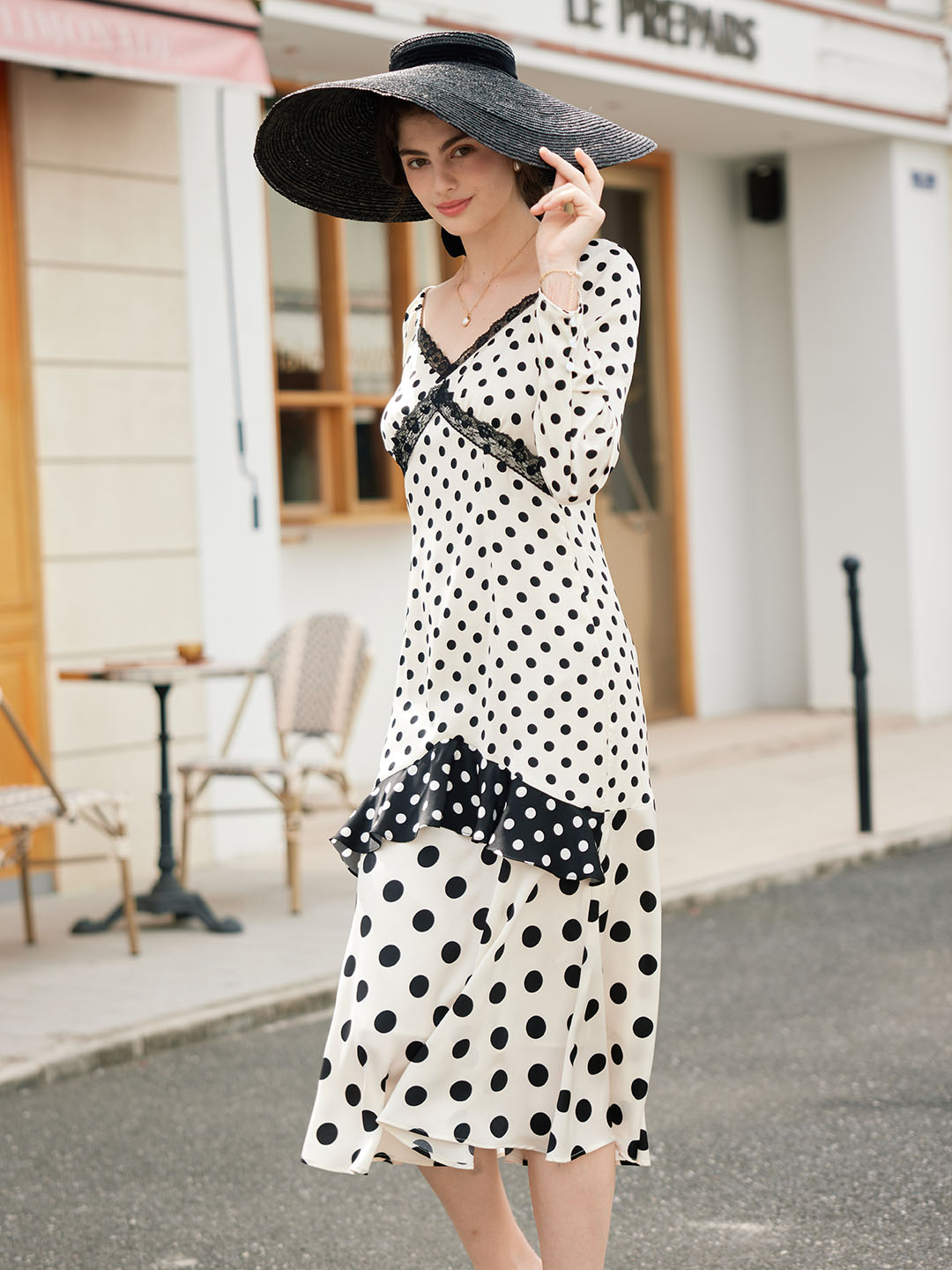 【Final Sale】Ainhoa Elegant V Neck Lace Stitching Polka Dot Color Contrast Dress