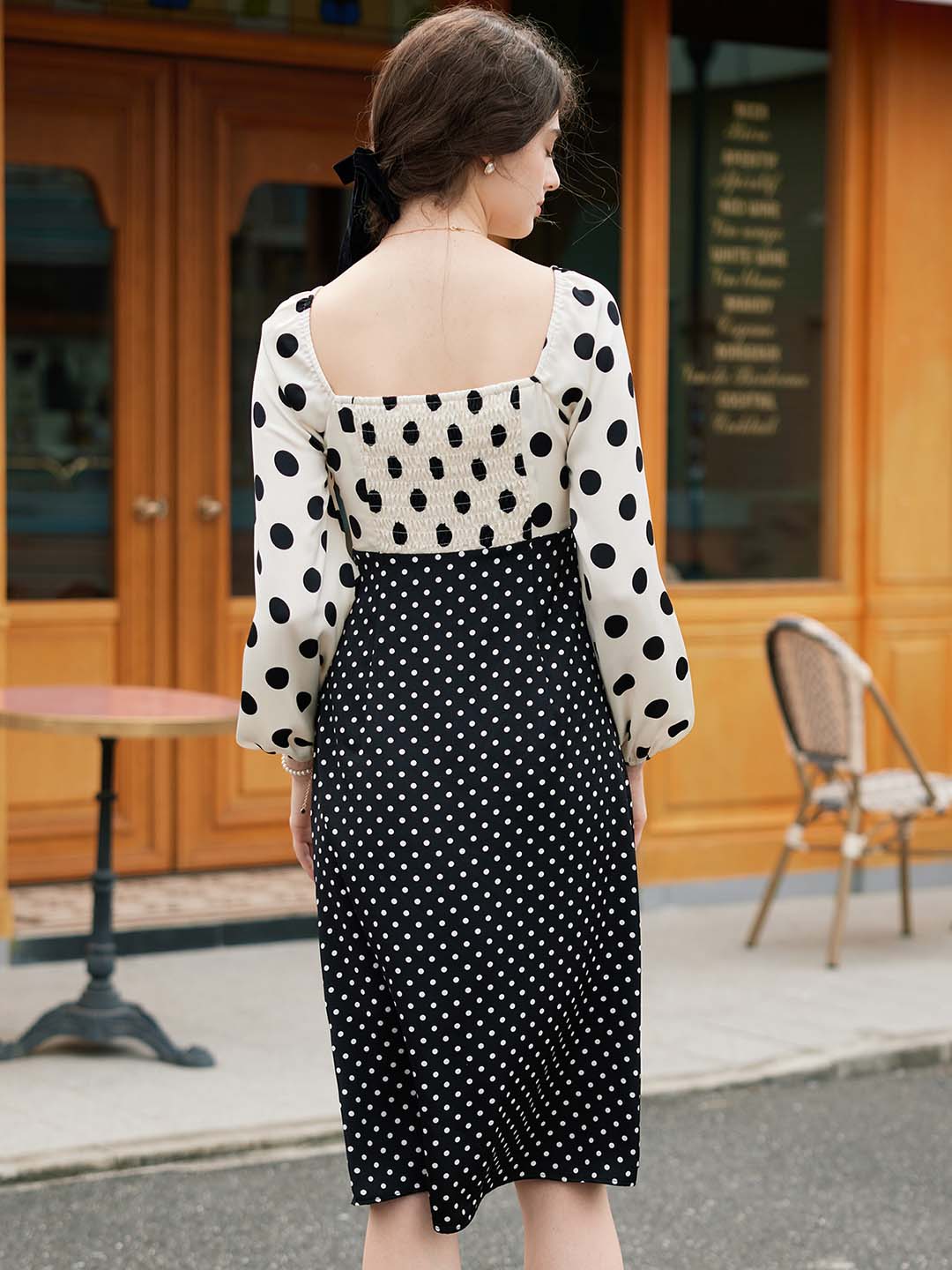 【Final Sale】Saanvi Elegant Square Neck Polka Dot Stitching Balloon Sleeve Dress