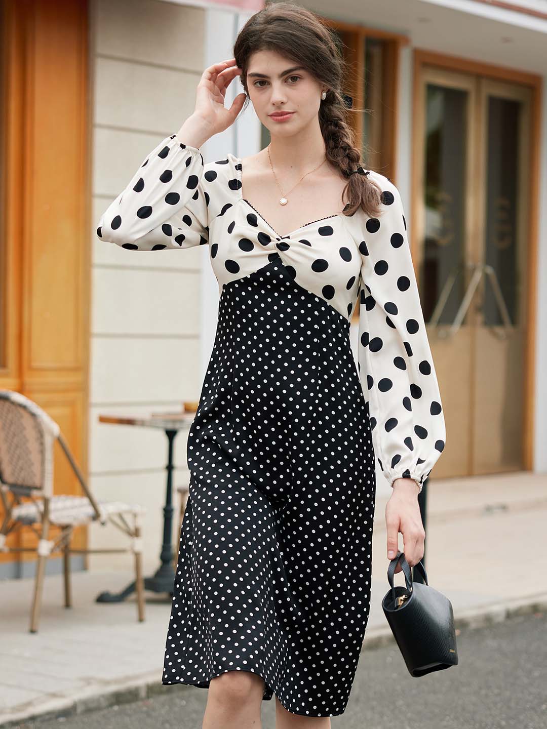 【Final Sale】Saanvi Elegant Square Neck Polka Dot Stitching Balloon Sleeve Dress