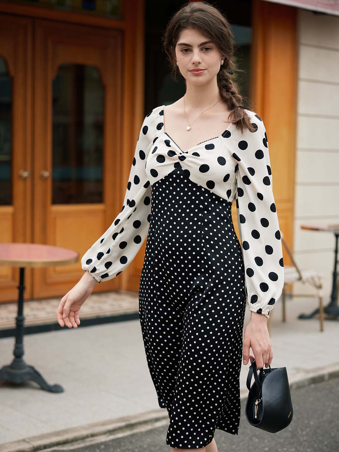 【Final Sale】Saanvi Elegant Square Neck Polka Dot Stitching Balloon Sleeve Dress