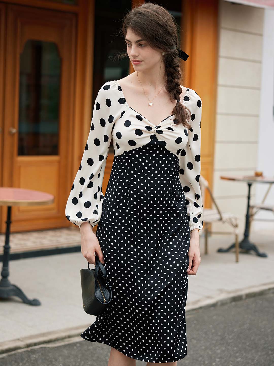 【Final Sale】Saanvi Elegant Square Neck Polka Dot Stitching Balloon Sleeve Dress