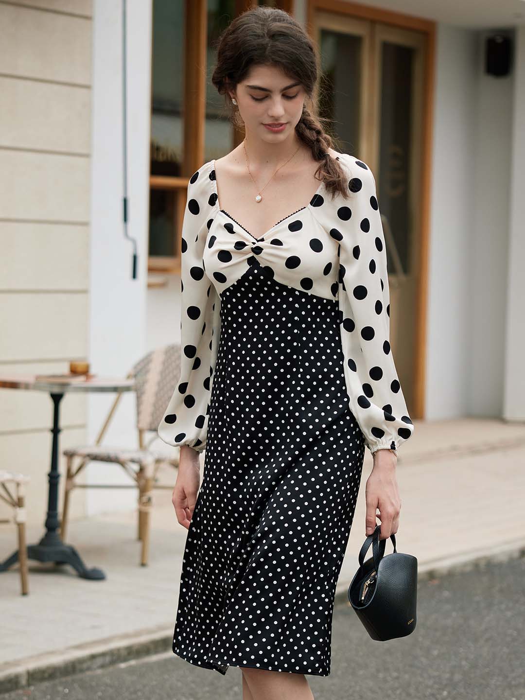 【Final Sale】Saanvi Elegant Square Neck Polka Dot Stitching Balloon Sleeve Dress