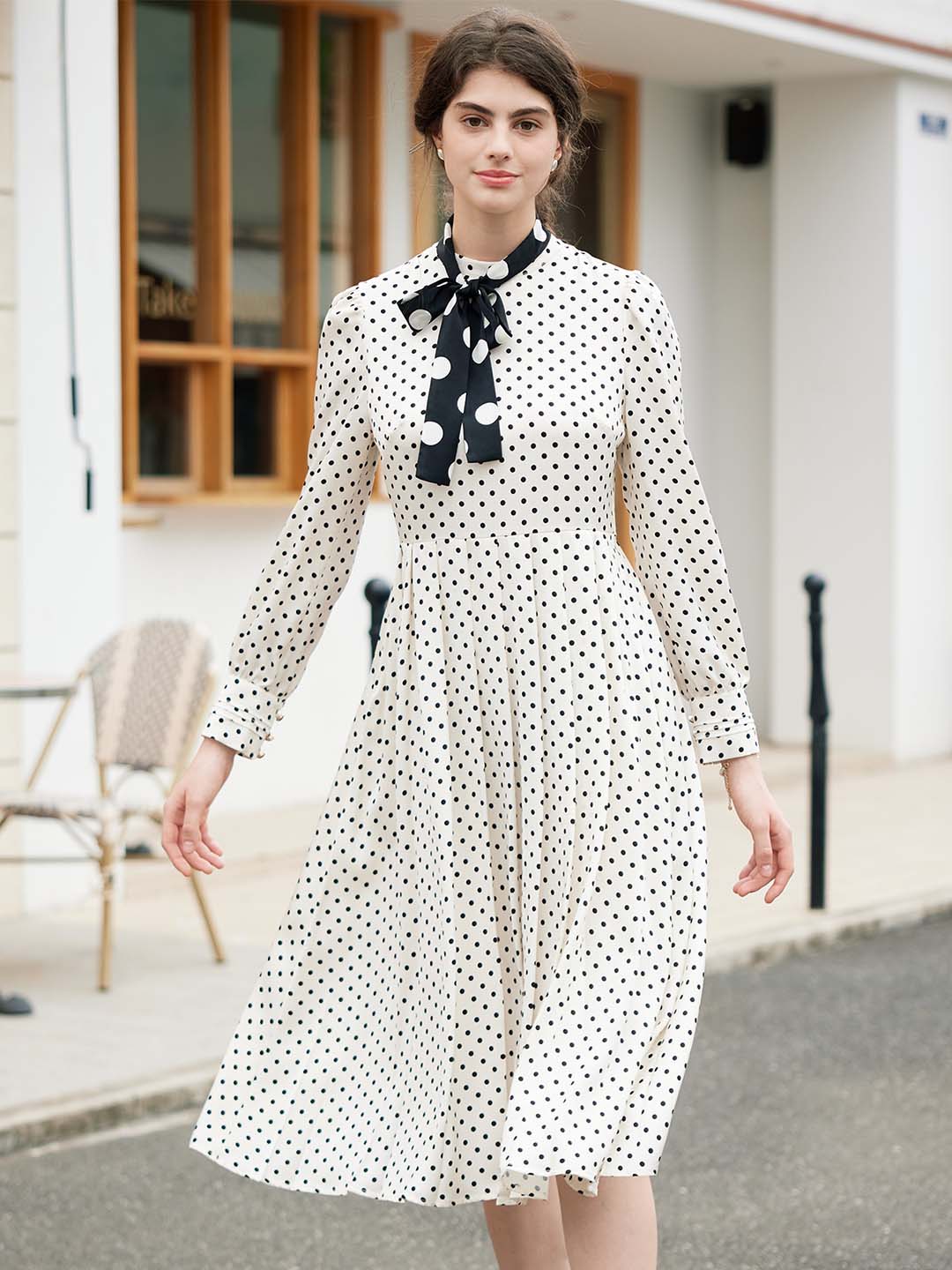 【Final Sale】Kamilah Vintage Mock Neck Balloon Sleeve Polka Dot Dress