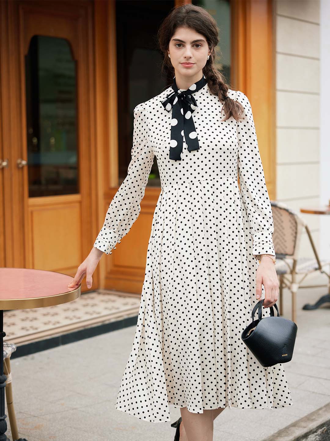 【Final Sale】Kamilah Vintage Mock Neck Balloon Sleeve Polka Dot Dress