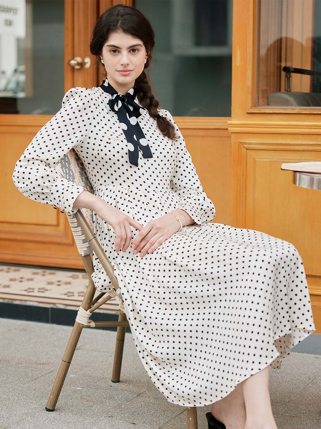 【Final Sale】Kamilah Vintage Mock Neck Balloon Sleeve Polka Dot Dress