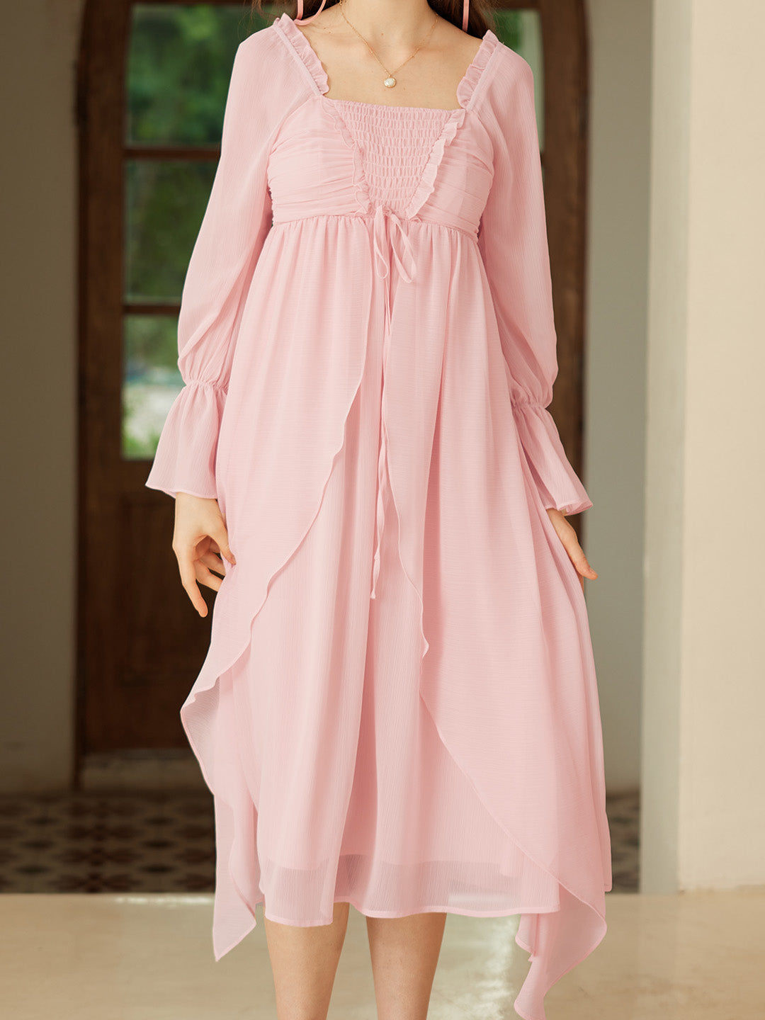 【Final Sale】Lakelyn Romantic Sweet Square Neck Pink Dress