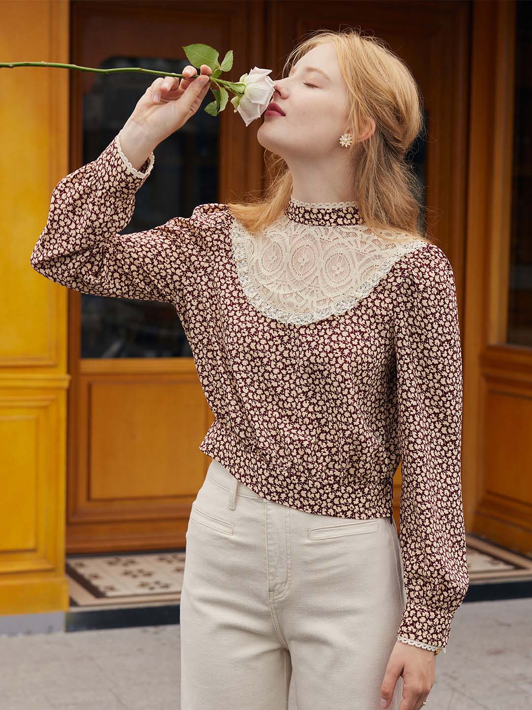 【Final Sale】Sofia Maple Leaf Print Lantern Sleeve Lace Contrast Blouse