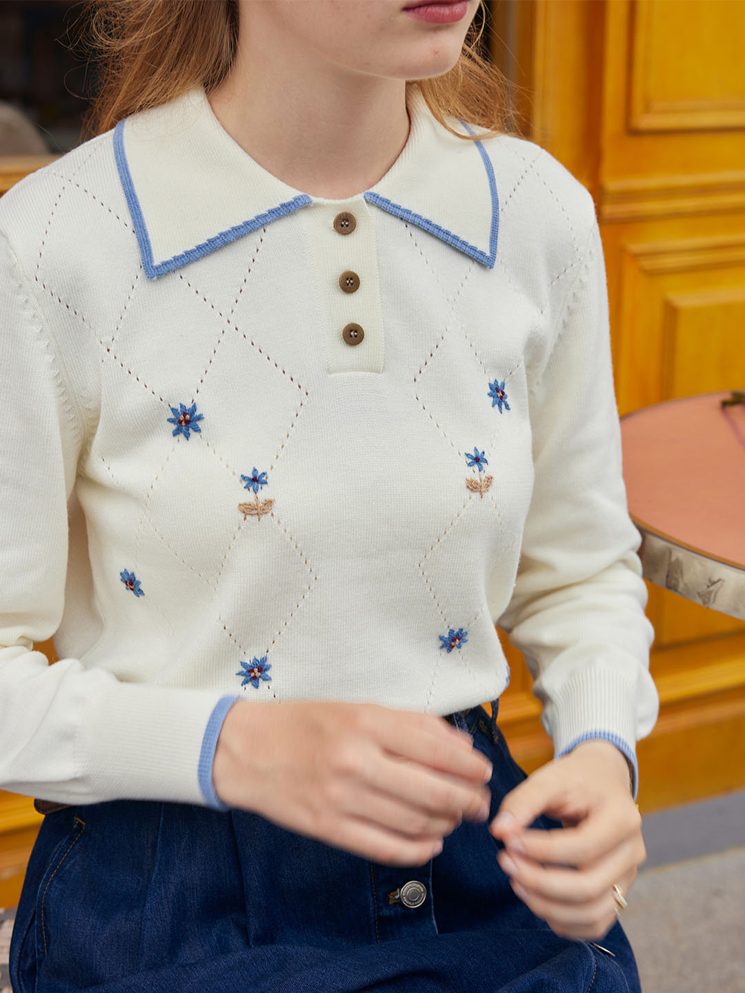 【Final Sale】Aurora Floral Embroidery Contrast Trim Sweater