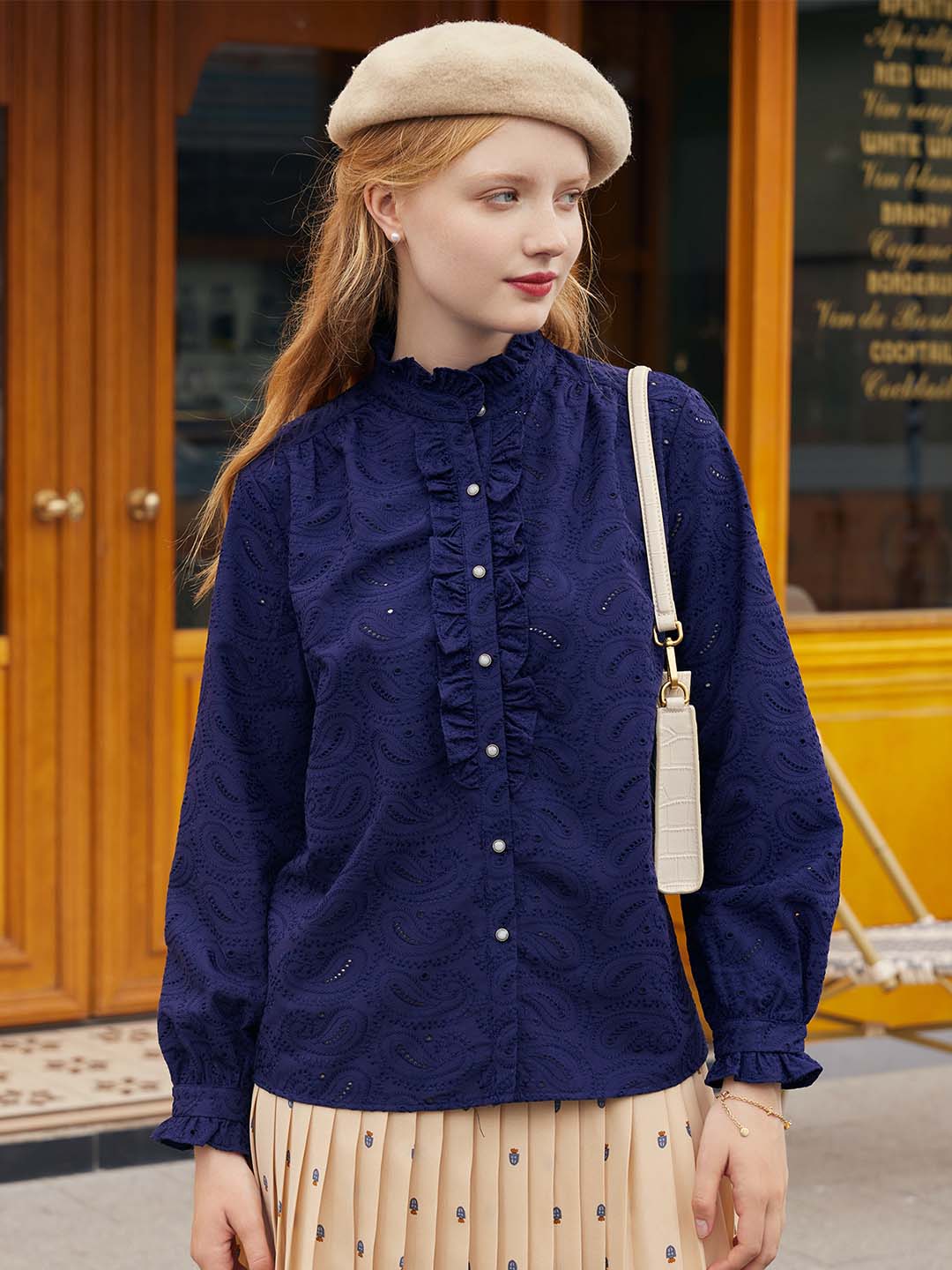 【Final Sale】Victoria Ruffle Mandarin Navy Blue Shirt
