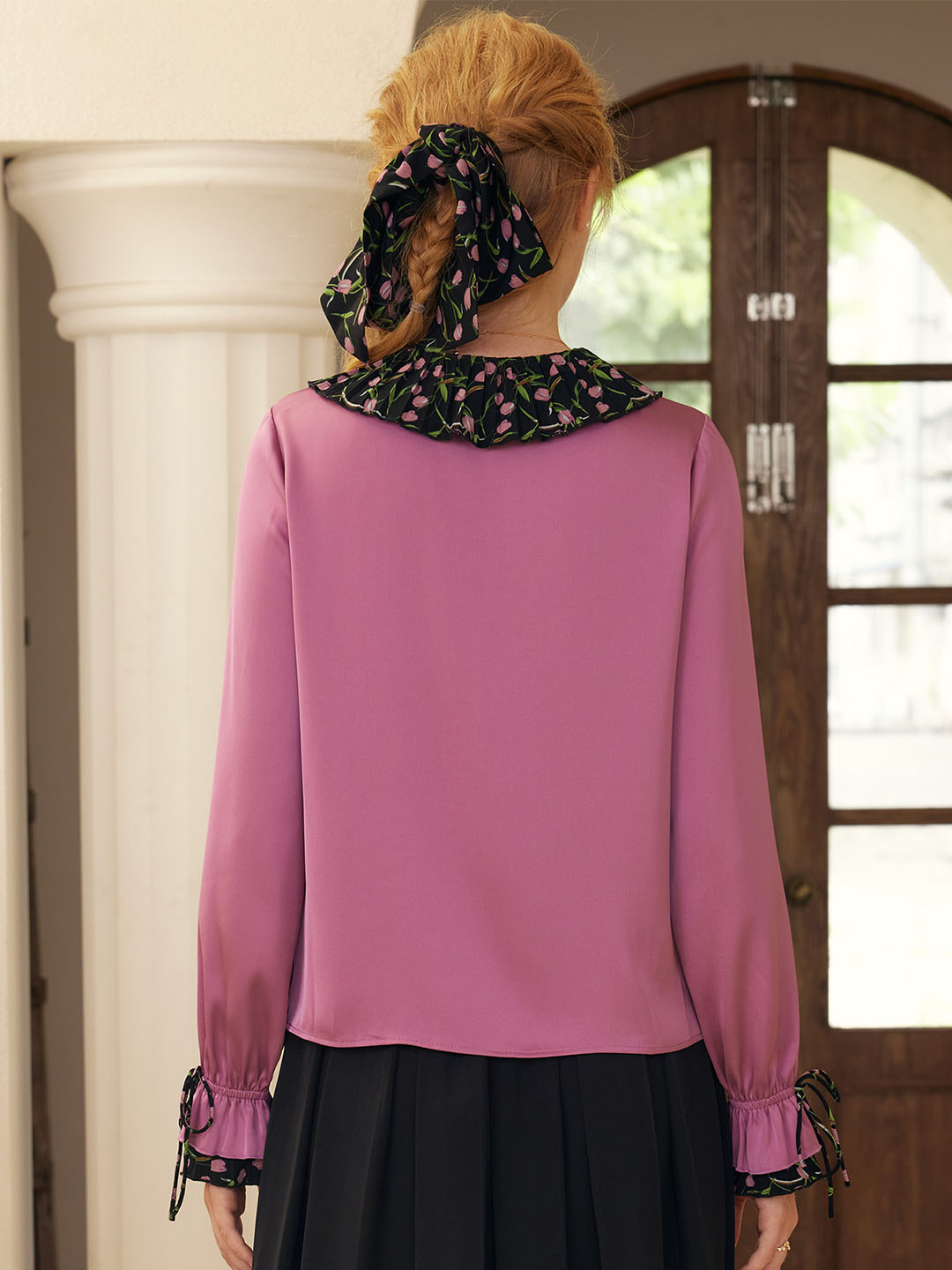 Hazel Contrast Lapel Trumpet Sleeves Blouse