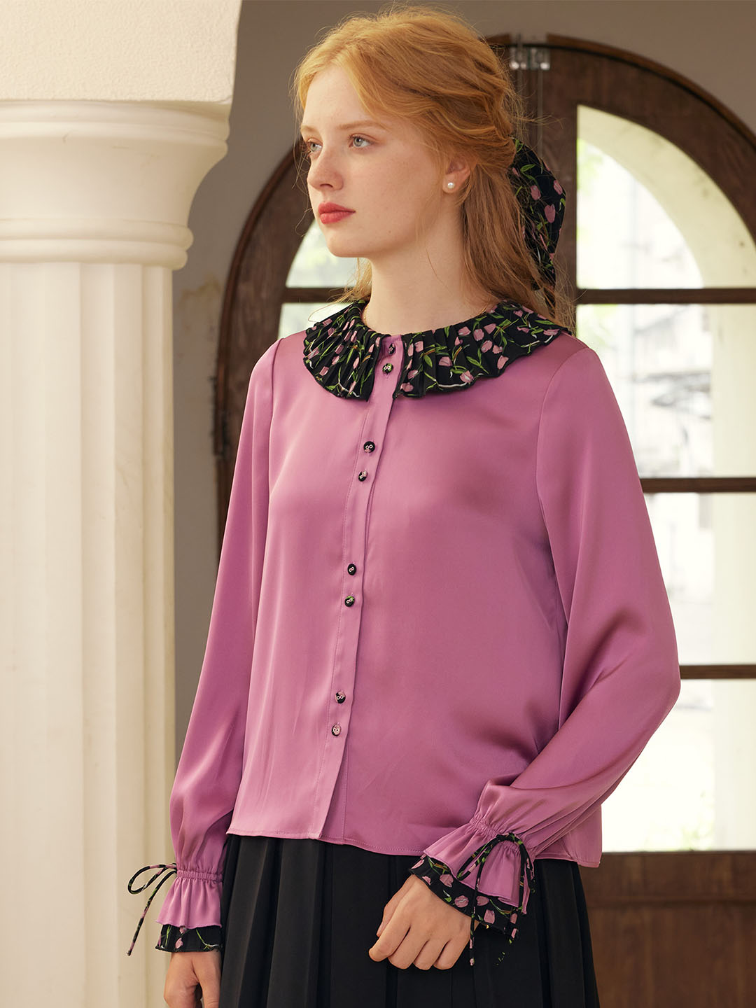 Hazel Contrast Lapel Trumpet Sleeves Blouse