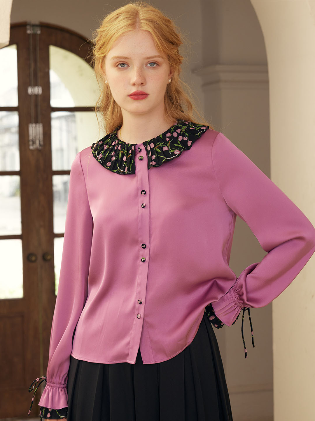 Hazel Contrast Lapel Trumpet Sleeves Blouse