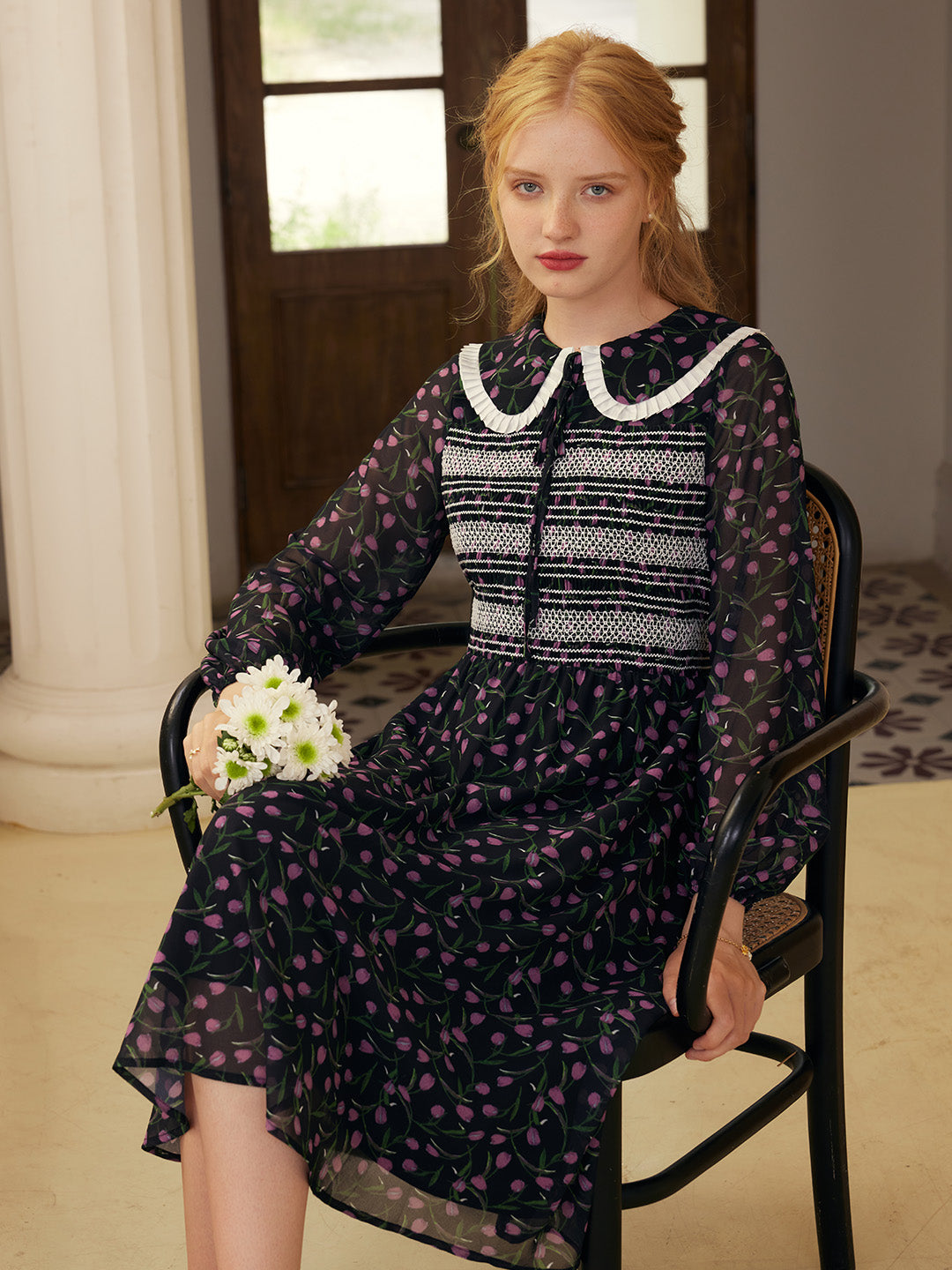 【Final Sale】Alisson Peter Pan Collar Lace-up Floral Print Dress