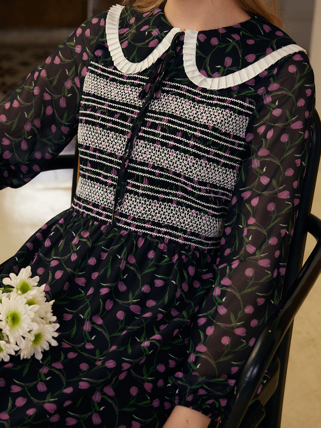 【Final Sale】Alisson Peter Pan Collar Lace-up Floral Print Dress