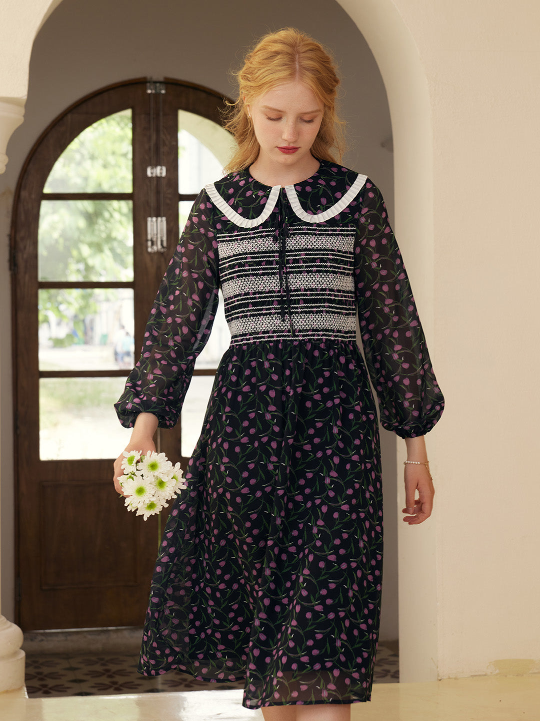 【Final Sale】Alisson Peter Pan Collar Lace-up Floral Print Dress