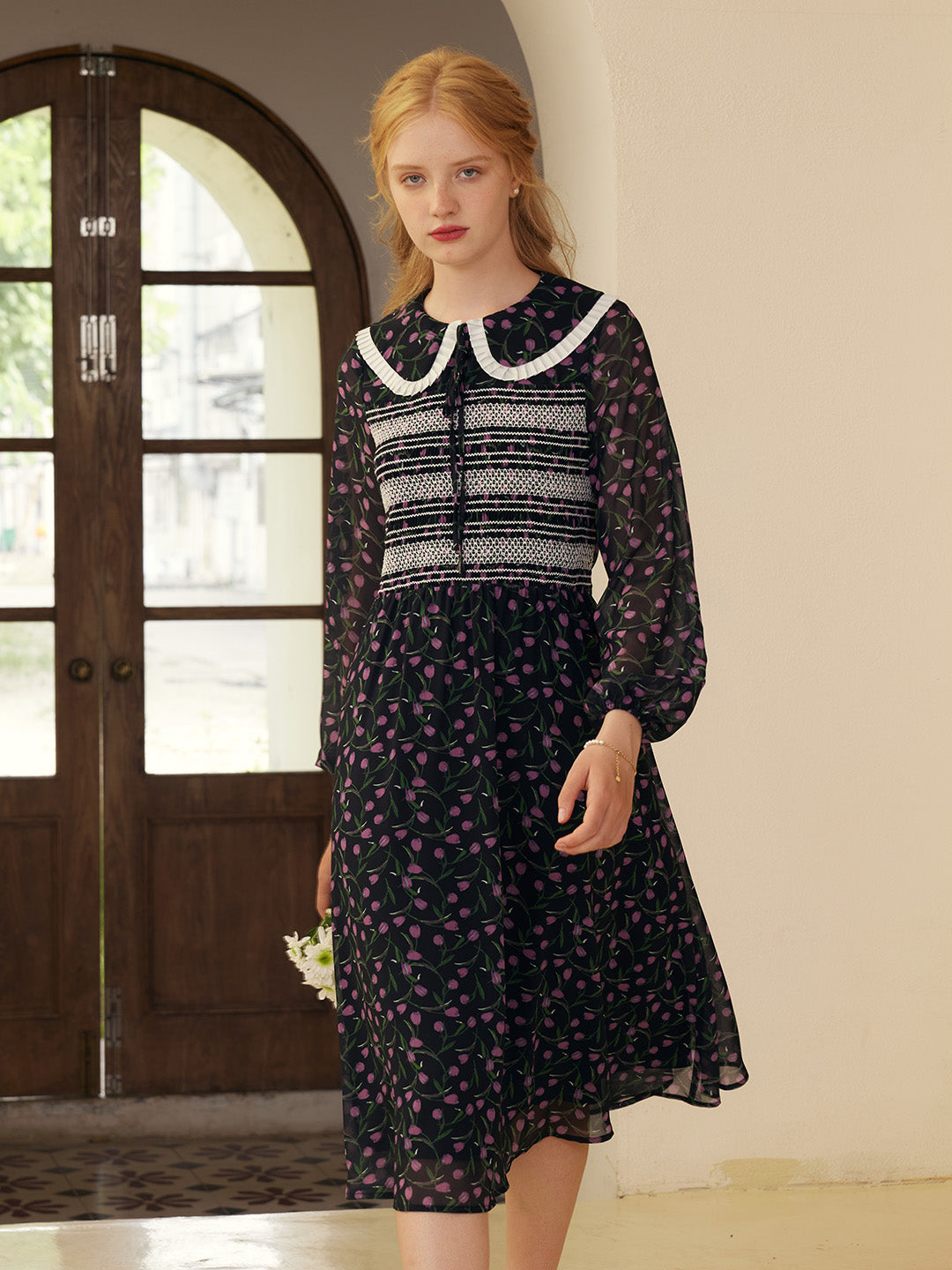 【Final Sale】Alisson Peter Pan Collar Lace-up Floral Print Dress