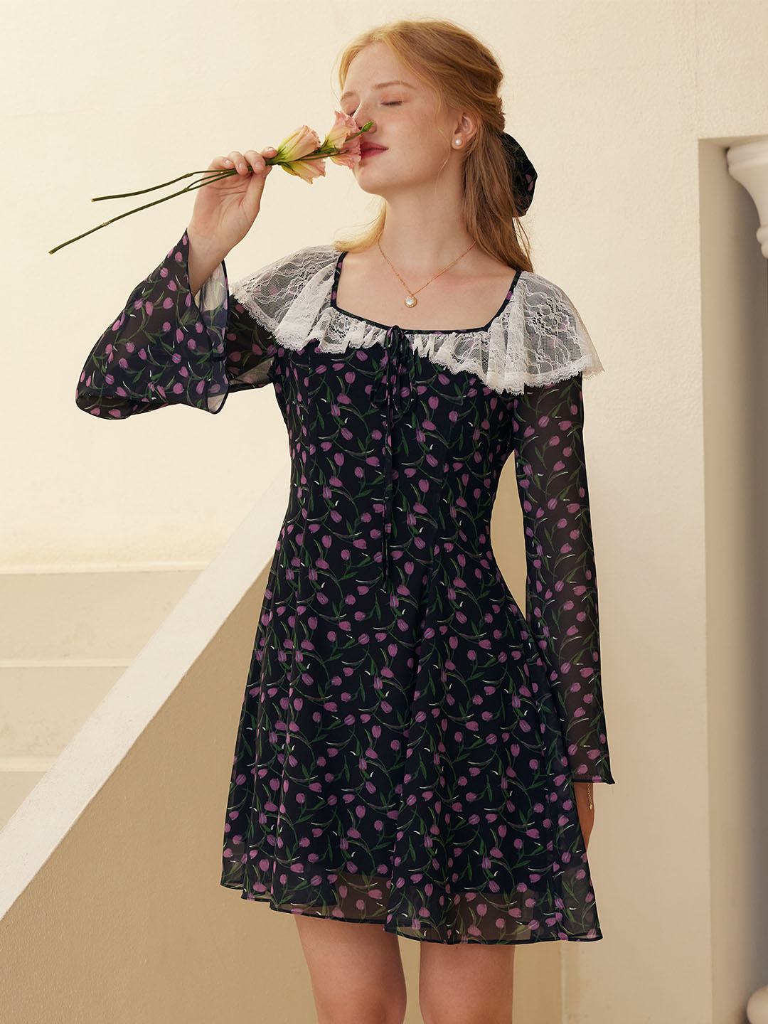 Sara Lace Patchwork Square Neck Tulip Print Dress