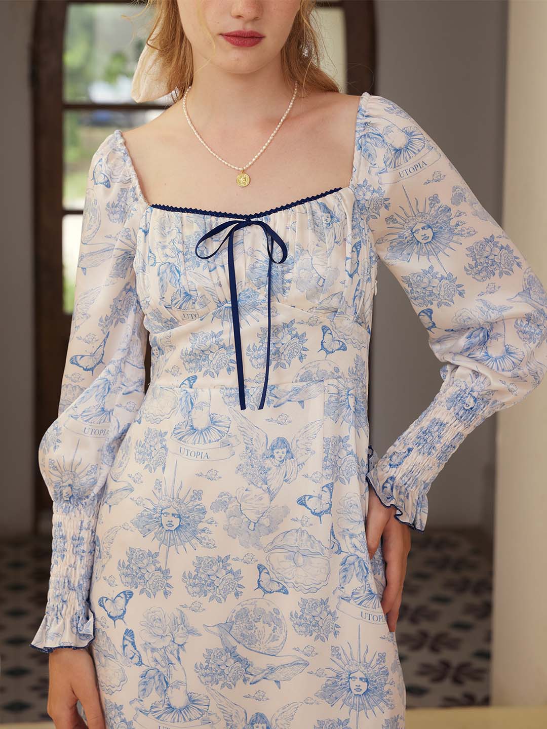 【Final Sale】Mila Elegant Square Neck Contrast Print Dress