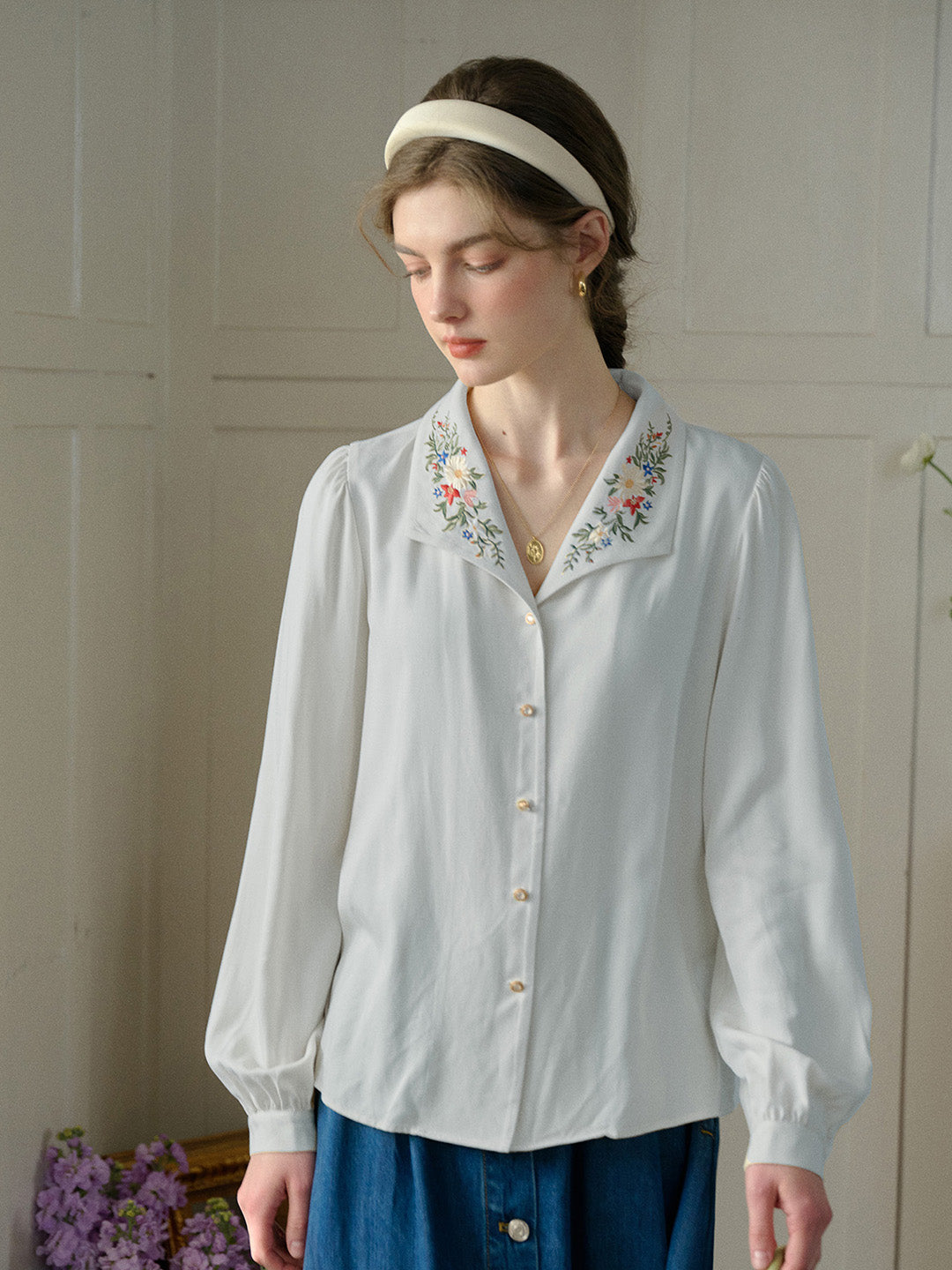 【Final Sale】Anne Embroidered Contrast Color Casual Daily Fashionable Elegant Charming Blouse - Blue