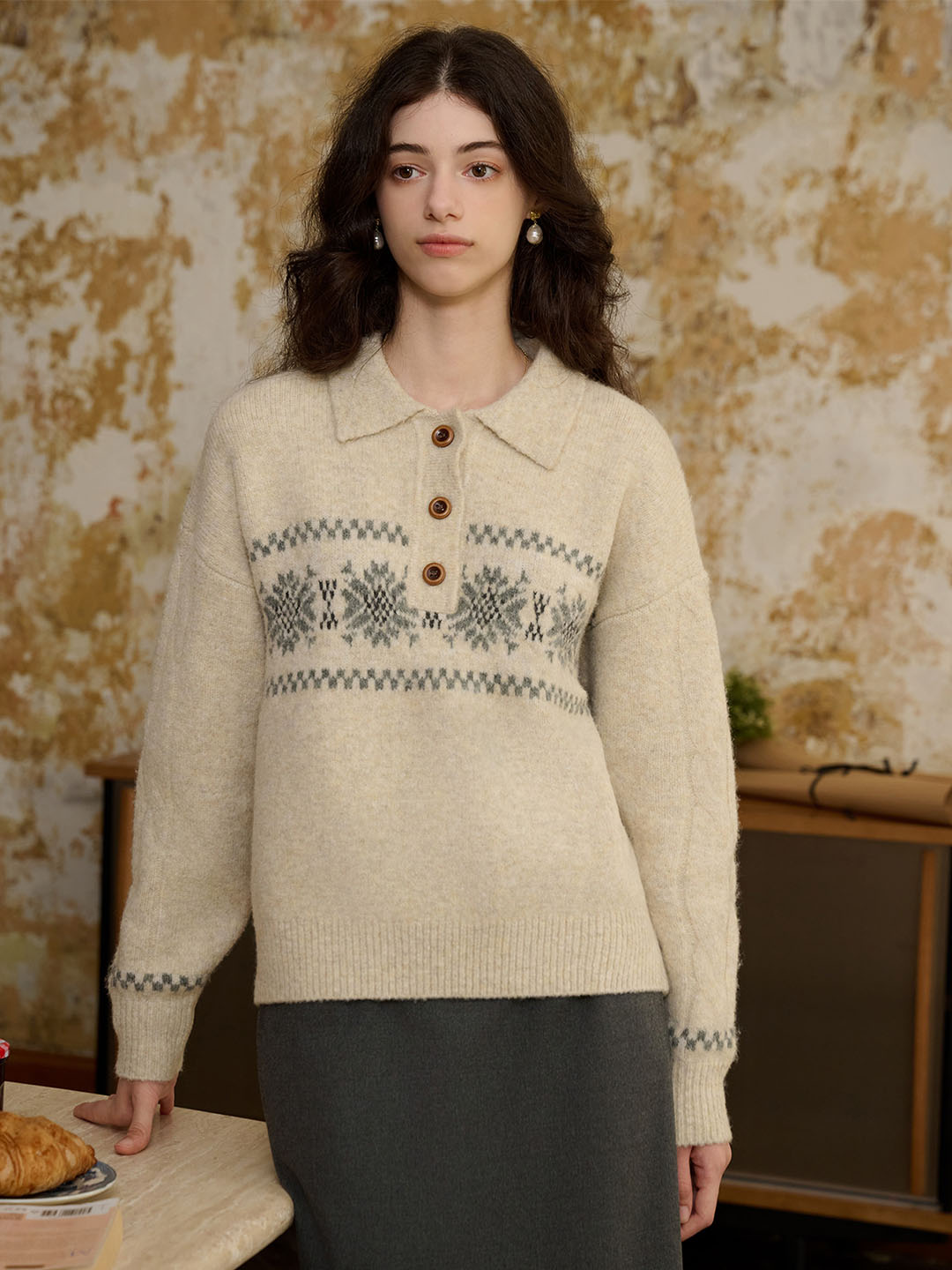 Norah Snowflake Jacquard Polo Fair Isle Knit Sweater