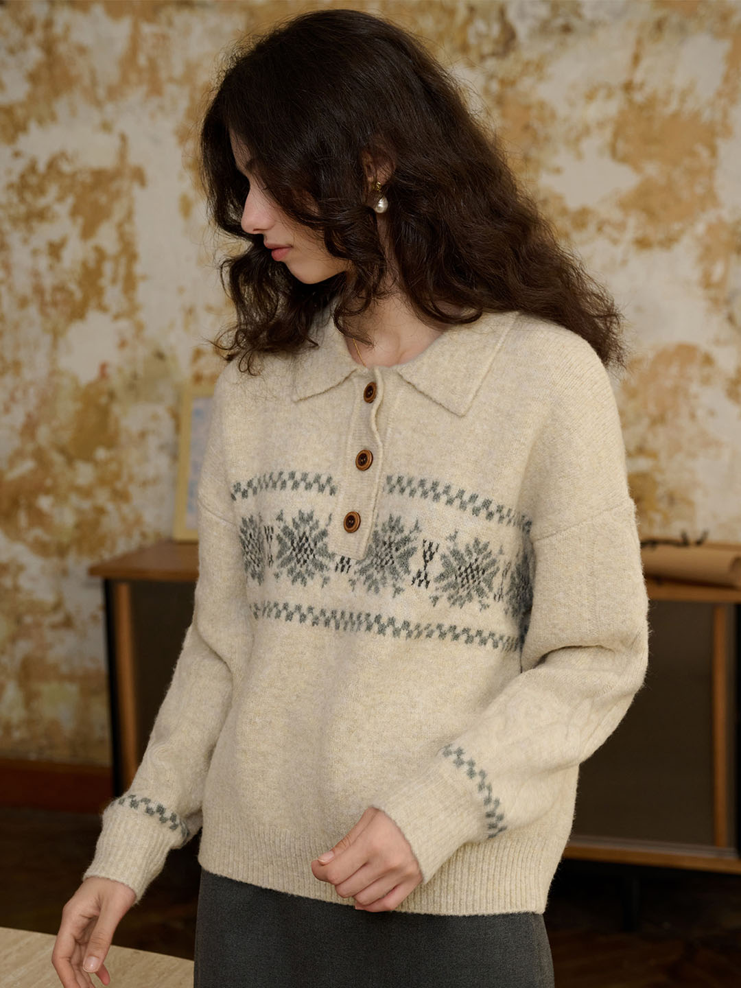 Norah Snowflake Jacquard Polo Fair Isle Knit Sweater-Grey