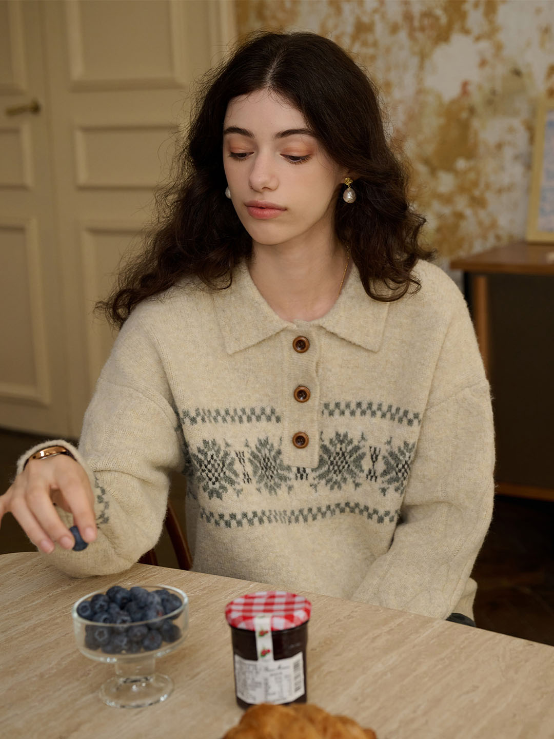 Norah Snowflake Jacquard Polo Fair Isle Knit Sweater