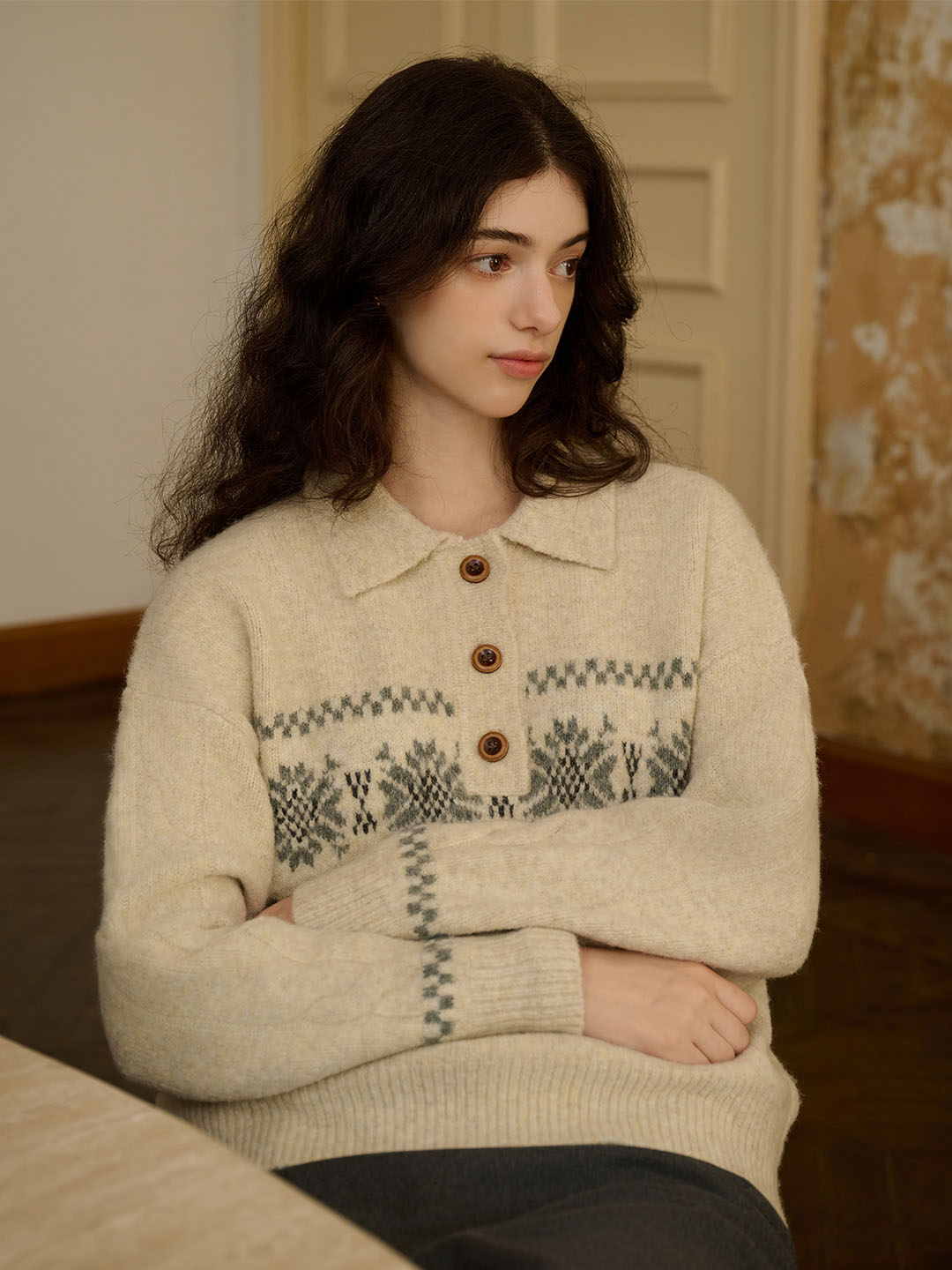 Norah Snowflake Jacquard Polo Fair Isle Knit Sweater