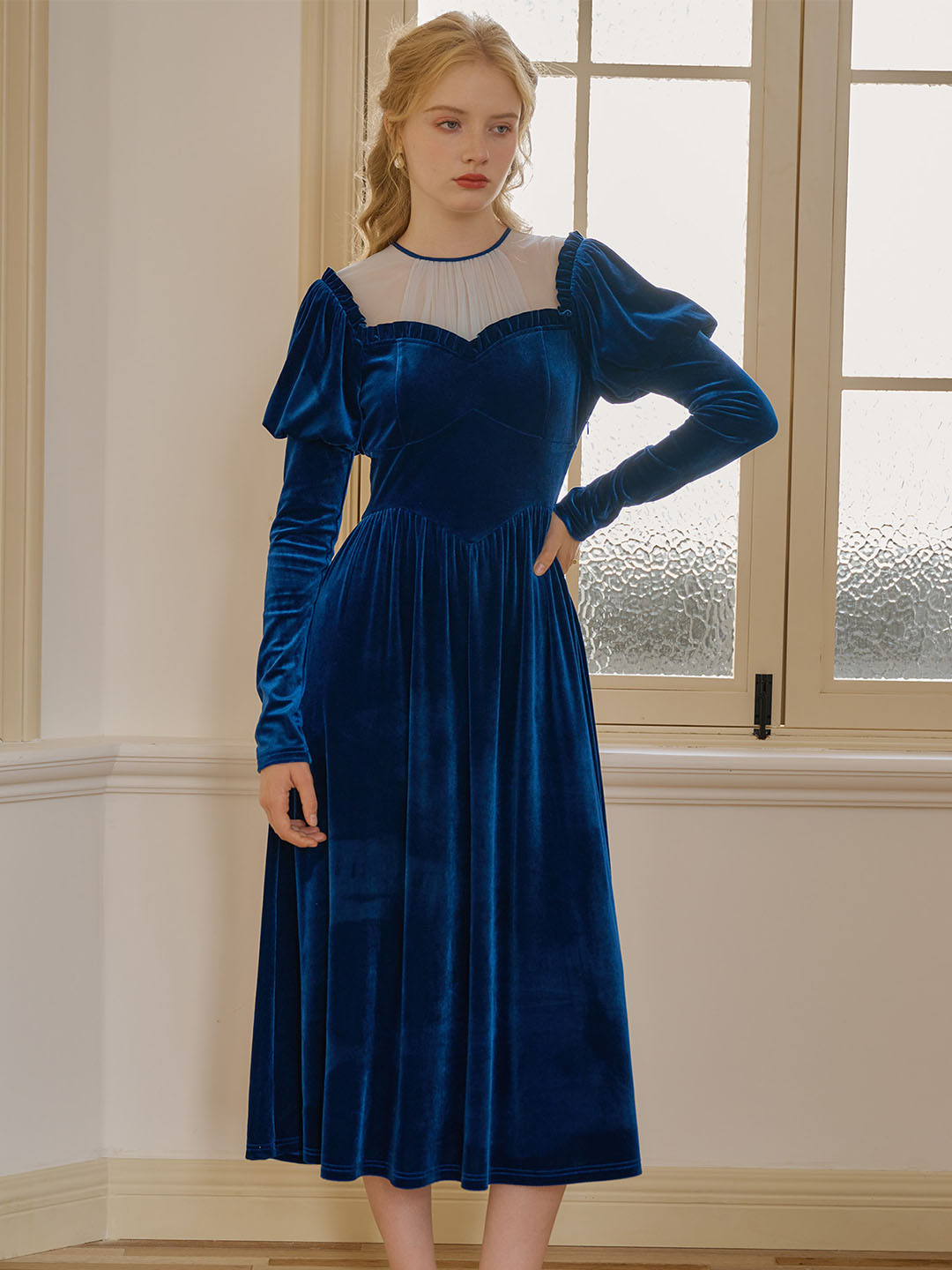 Josie Contrast Mesh Gigot Sleeve Velvet Dress