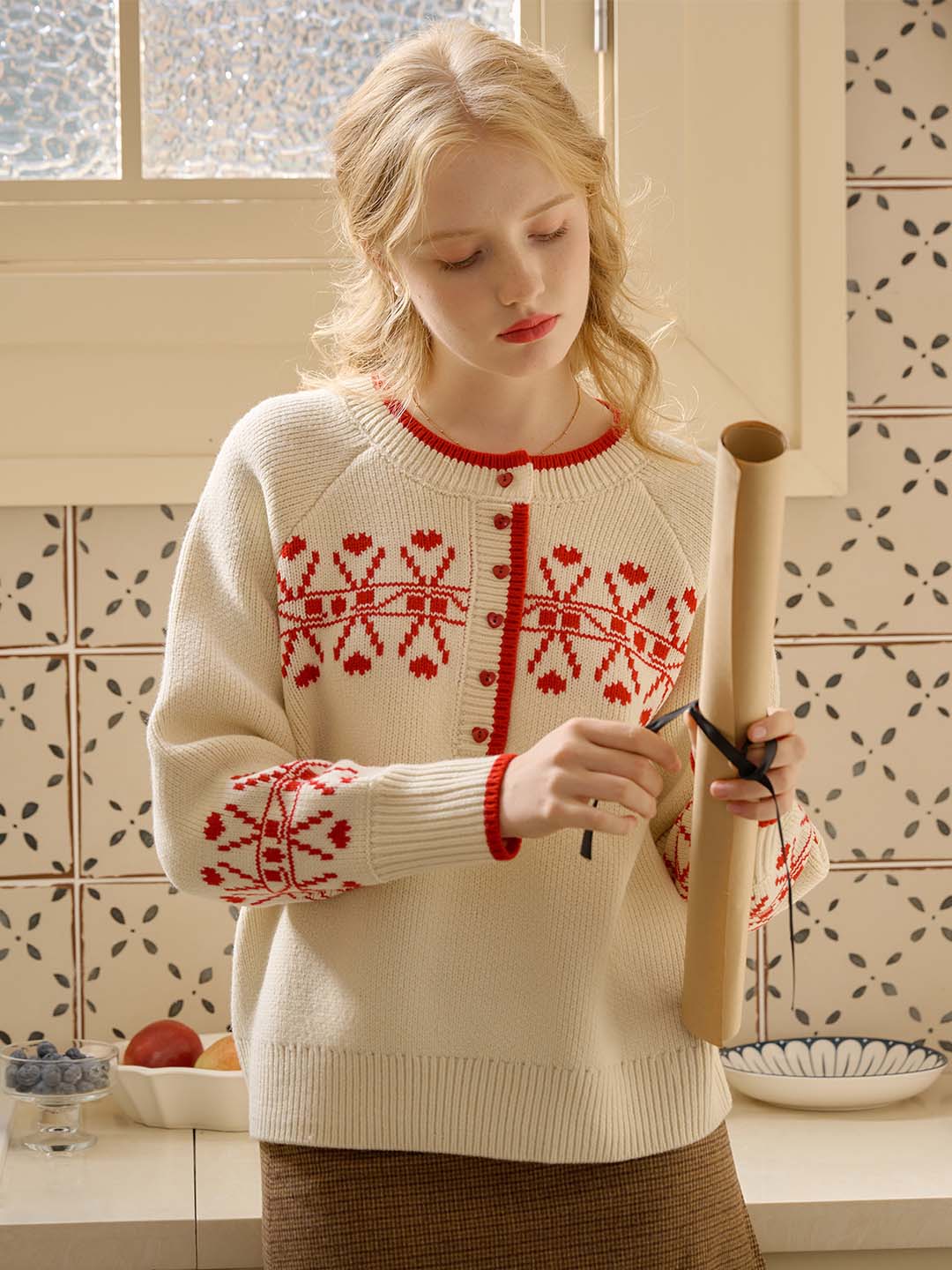 Sarah Contrast Crew Neck Pattern Sweater