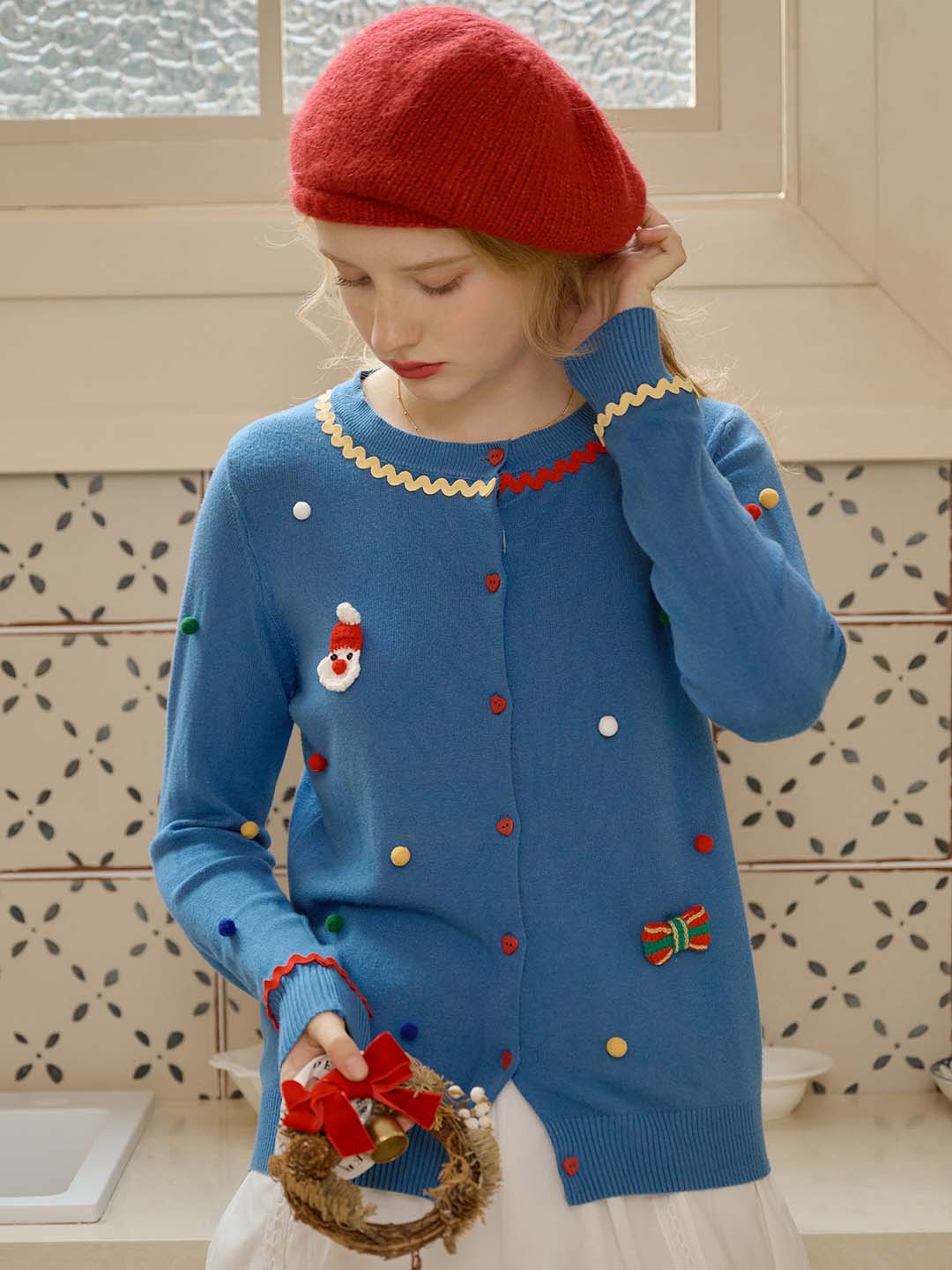 Clara Christmas Pattern Pom Pom Detail Button Front Cardigan