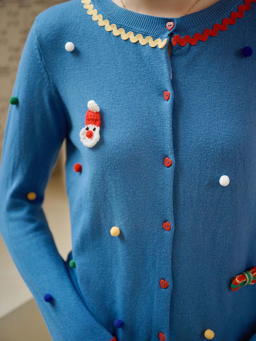 Clara Christmas Pattern Pom Pom Detail Button Front Cardigan