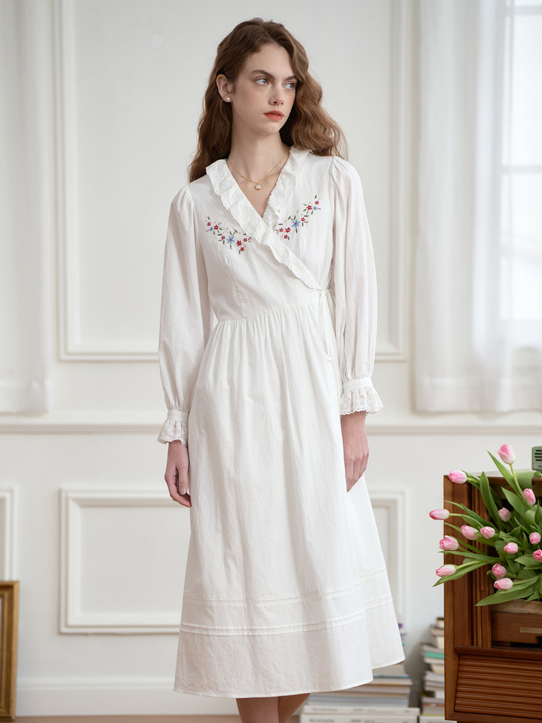 【Final Sale】Aubrie Floral Embroidery Lace Panel Cotton Dress