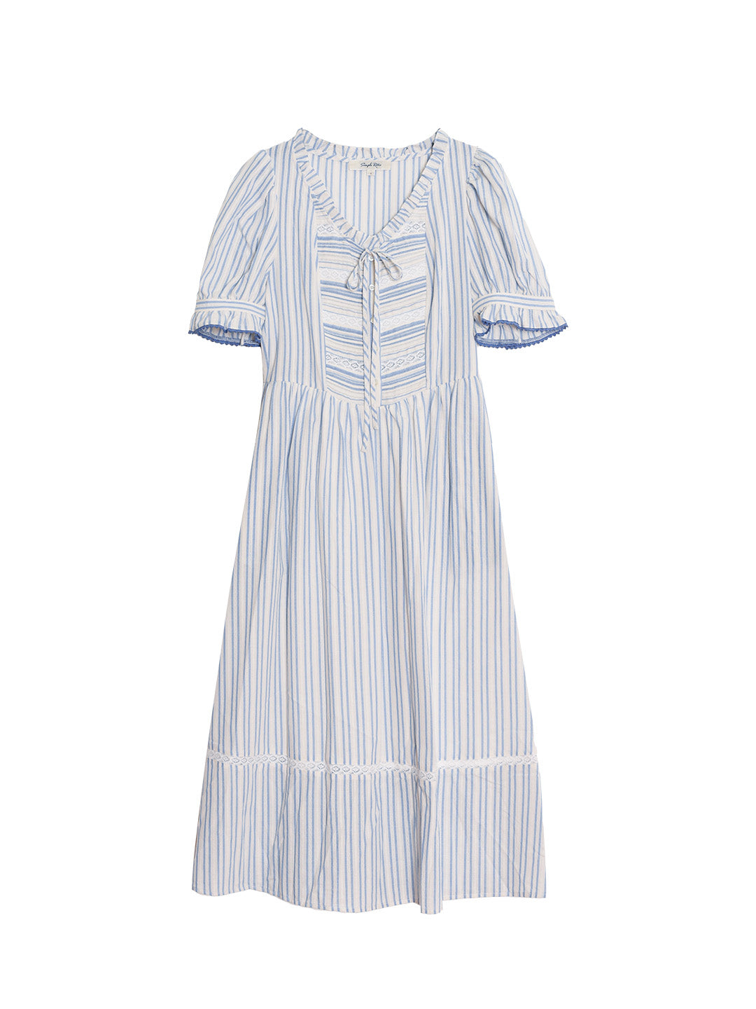 Raelyn Trim Bow Round Neck Puff Sleeve Lace Striped Cotton Dress
